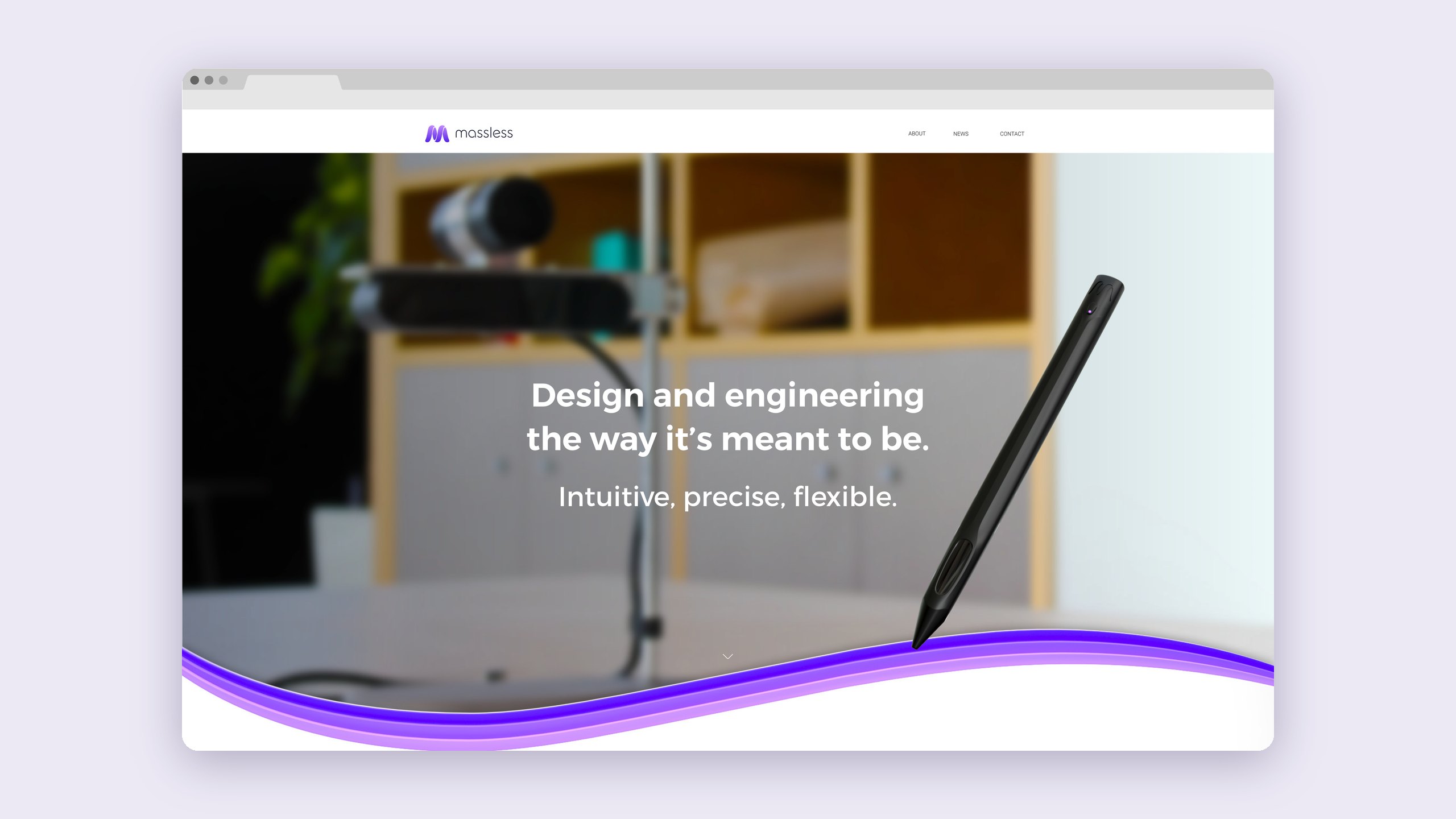 A Massless homepage design in a browser window: the headline Design and engineering the way it’s meant to be, with the line Intuitive, precise, flexible, over a blurred desk scene, a black Massless Pen resting on a glowing purple wave