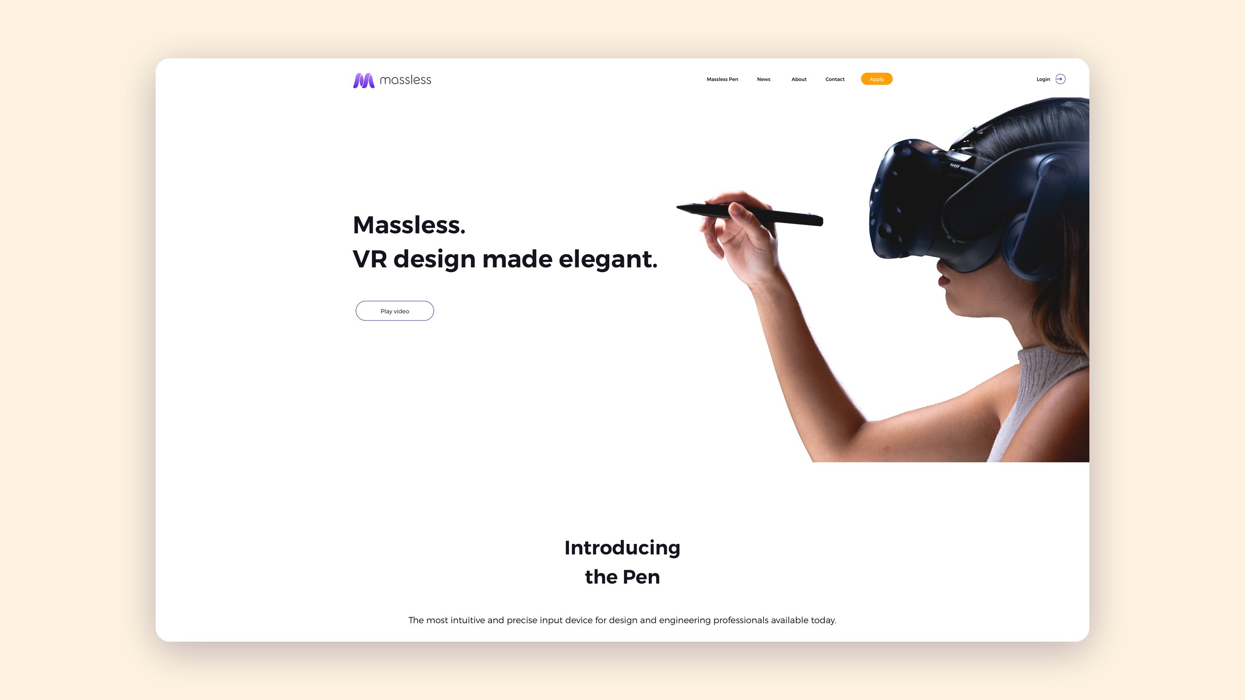 The Massless website design the ads pointed to, shown in a browser window on a pale peach background: the headline Massless. VR design made elegant. beside a woman in a VR headset holding the pen, above an Introducing the Pen section
