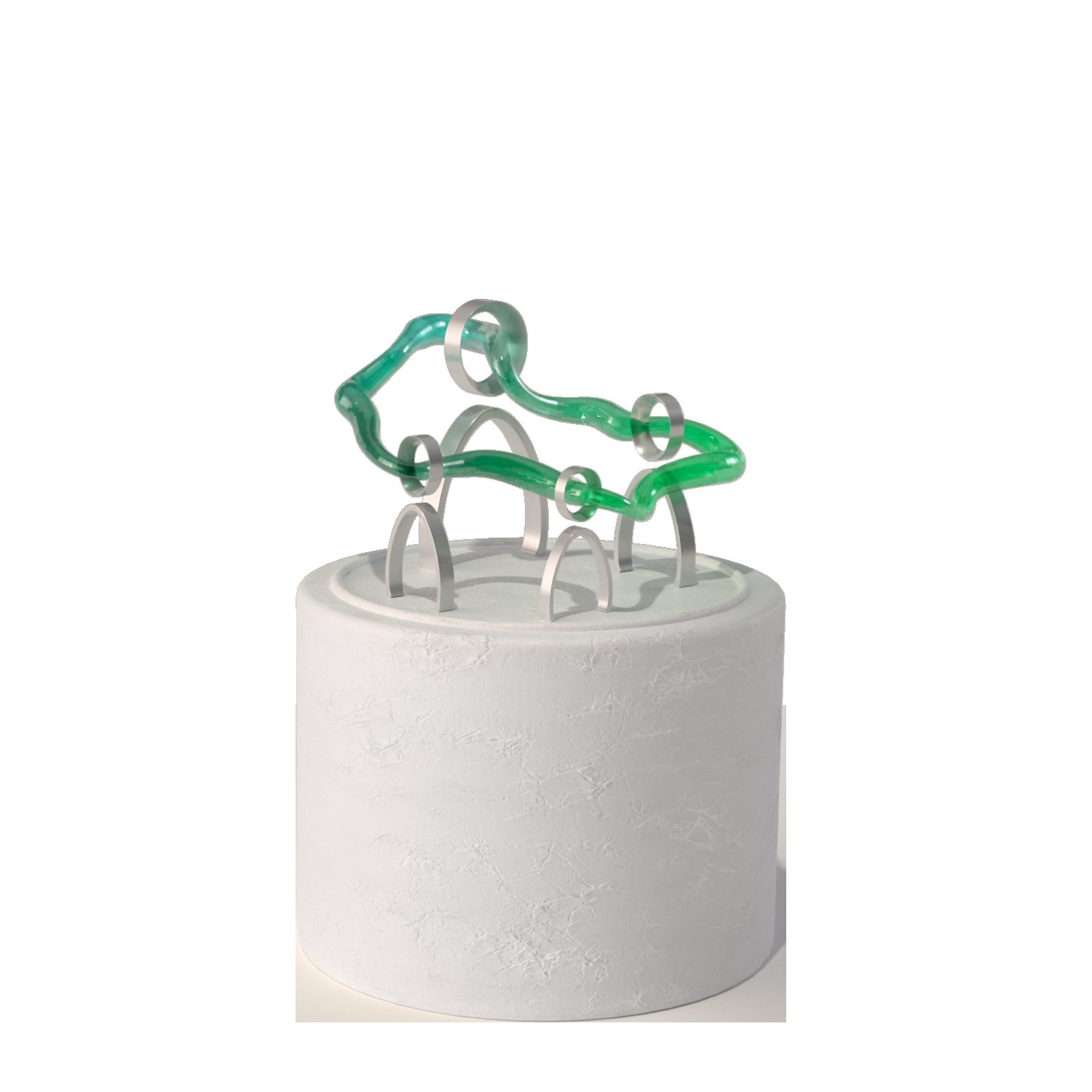 A Massless Space feature sculpture: a looping green glass ribbon threaded through silver arches on top of a round white stone plinth