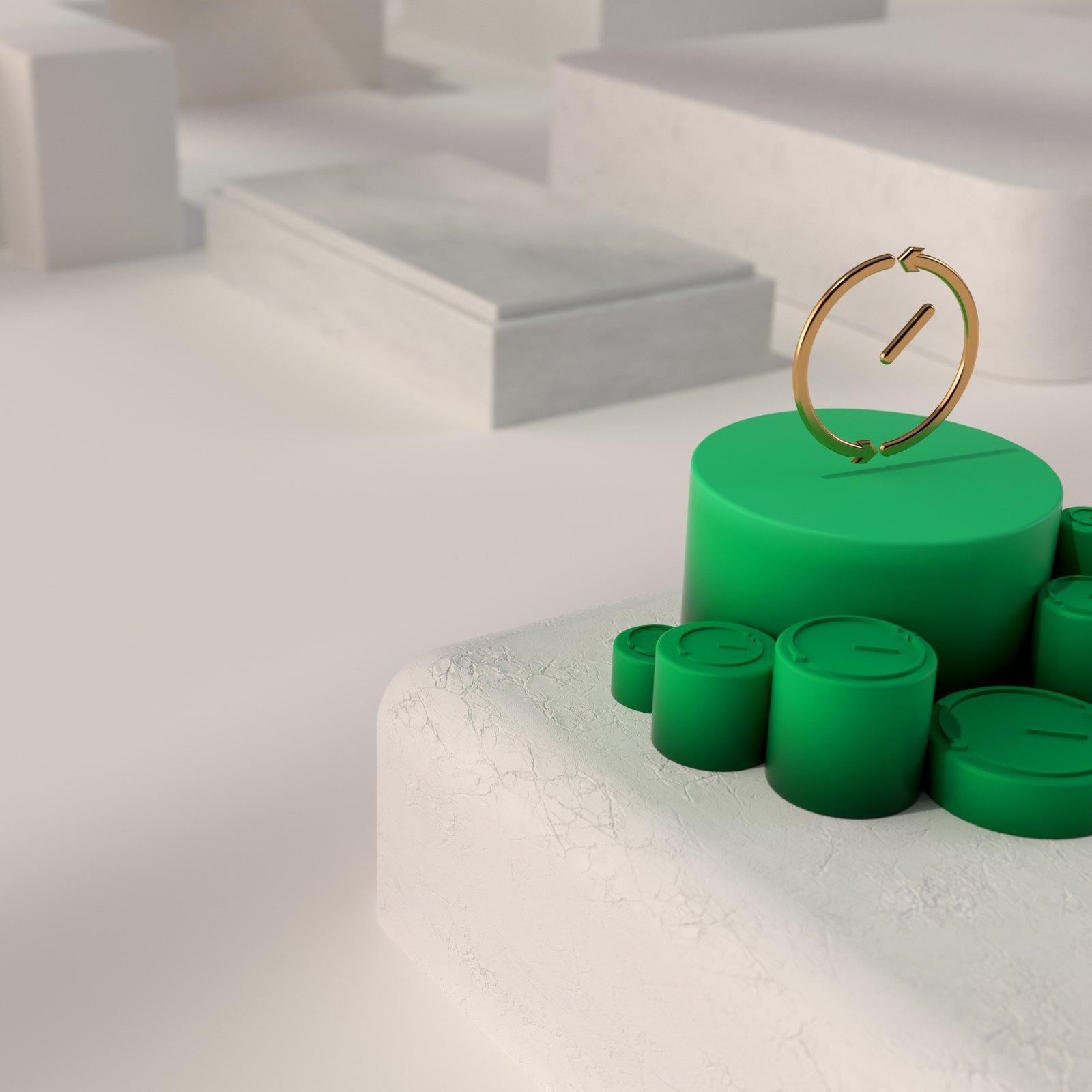 A Massless Space render for real-time sync: a thin gold clock ring standing on a stack of green cylinders on a white stone ledge