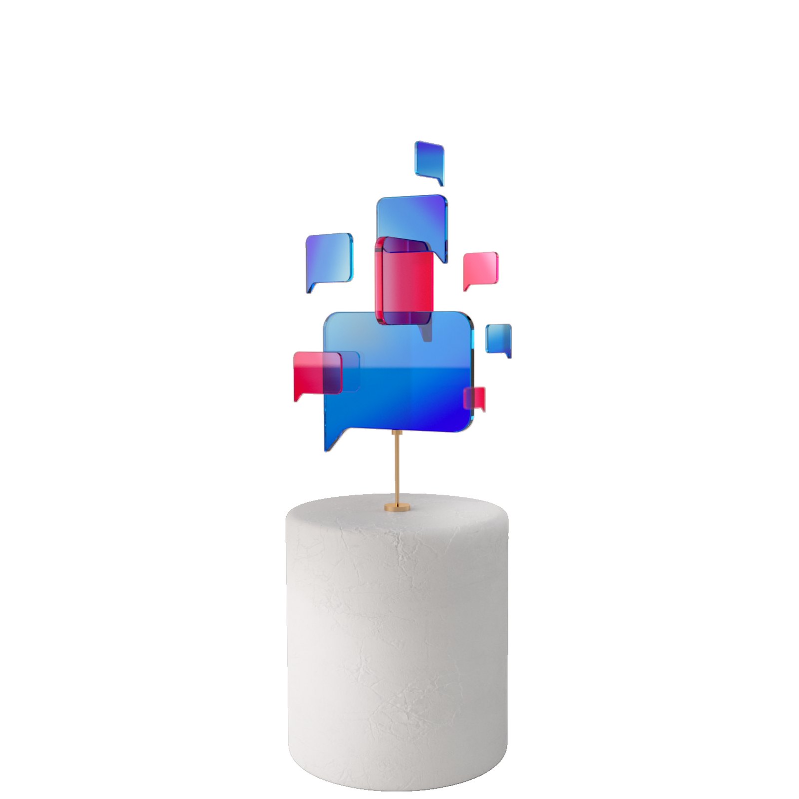 A Massless Space feature sculpture: a cluster of glossy blue, pink and red glass speech bubbles on a thin gold stem above a white stone plinth