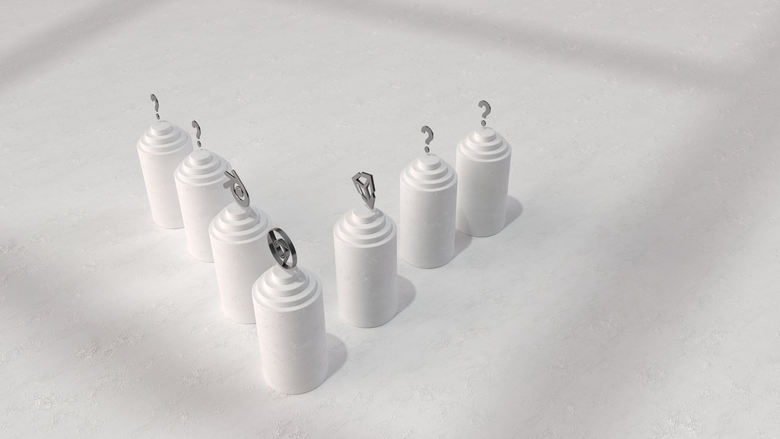 A 3D render from the Massless Space landing page: white stepped plinths on a pale stone floor, three topped with silver Blender, Chrome and Unity marks and the rest with question marks for tools still to come