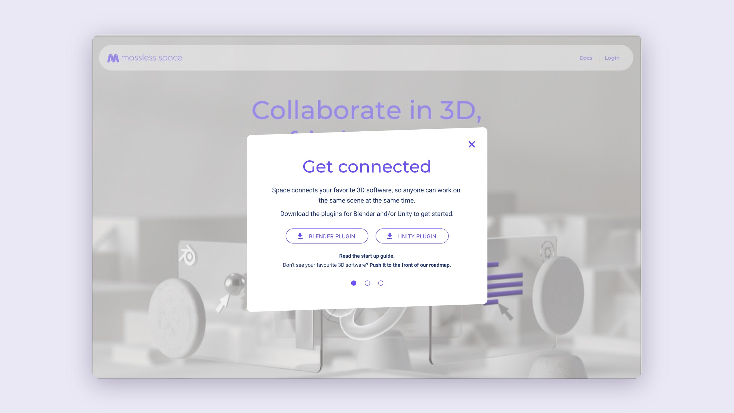 The Get connected step of the Massless Space onboarding flow in a browser window: a white card with buttons to download the Blender and Unity plugins, over the greyed-out landing page headline Collaborate in 3D