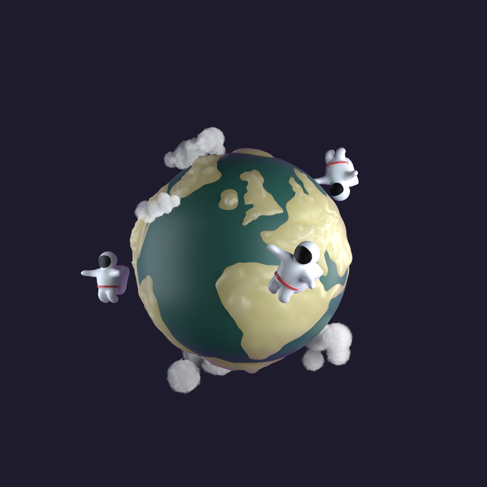 A Massless Space social render: little astronaut Masstronauts and puffs of cloud floating around a stylised green and cream Earth on a dark background
