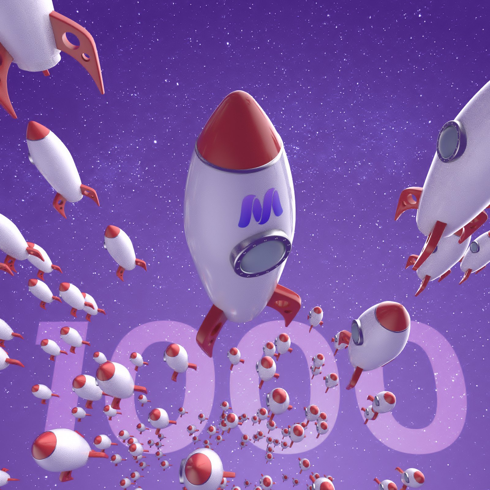 A Massless social post: a swarm of white and red cartoon rockets with the M logo flying over a giant 1000 on a starry purple background