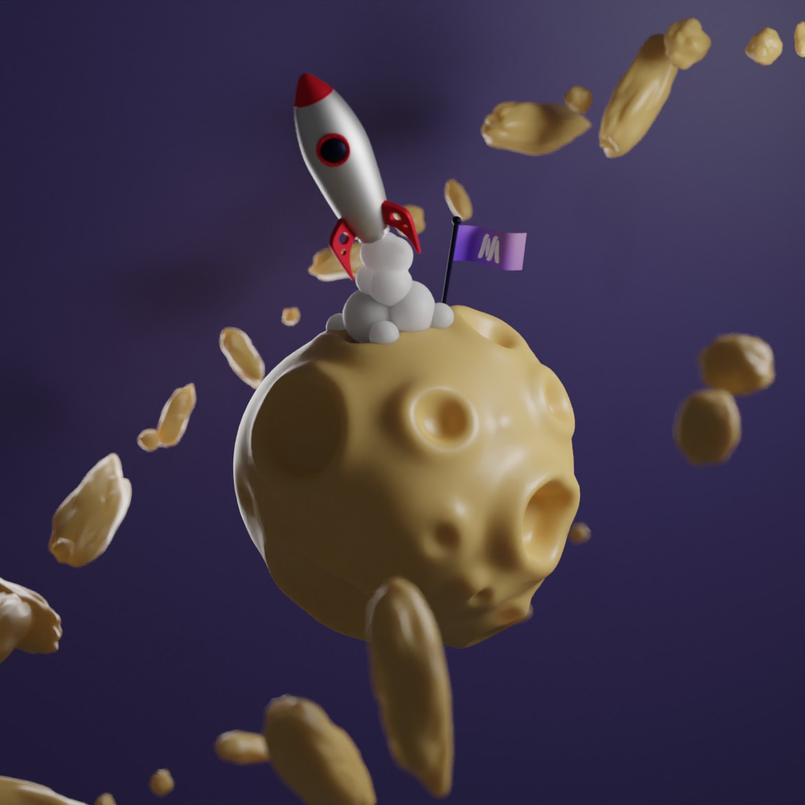 A Massless Space social render: a cartoon rocket lands on a cratered yellow moon flying a small purple M flag, with chunks of rock drifting through a purple sky