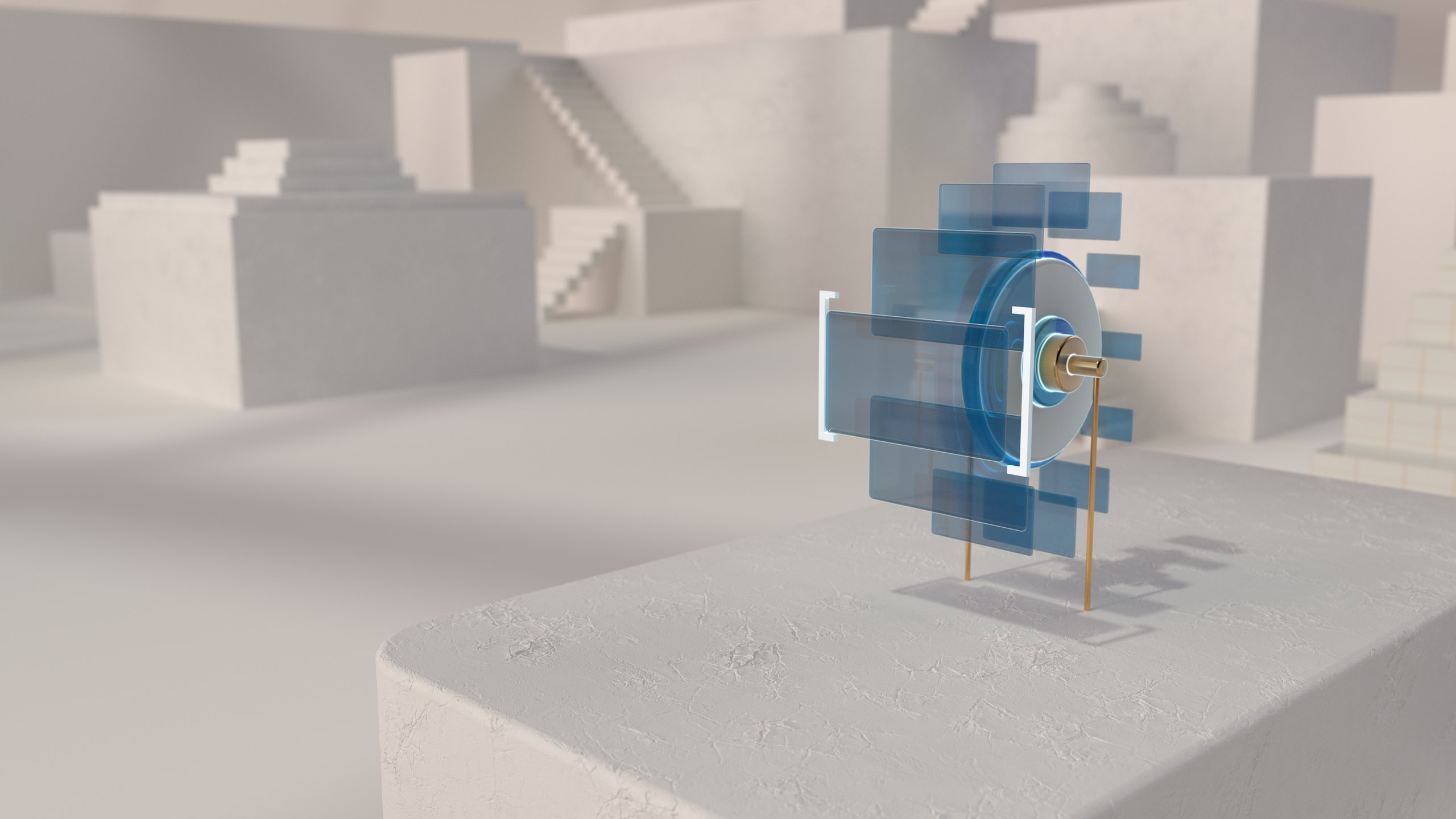 A Massless Space render for cloud file management: a carousel of translucent blue glass panels turning on a brass spindle above a white stone block, in a soft-focus landscape of white stairs and terraces