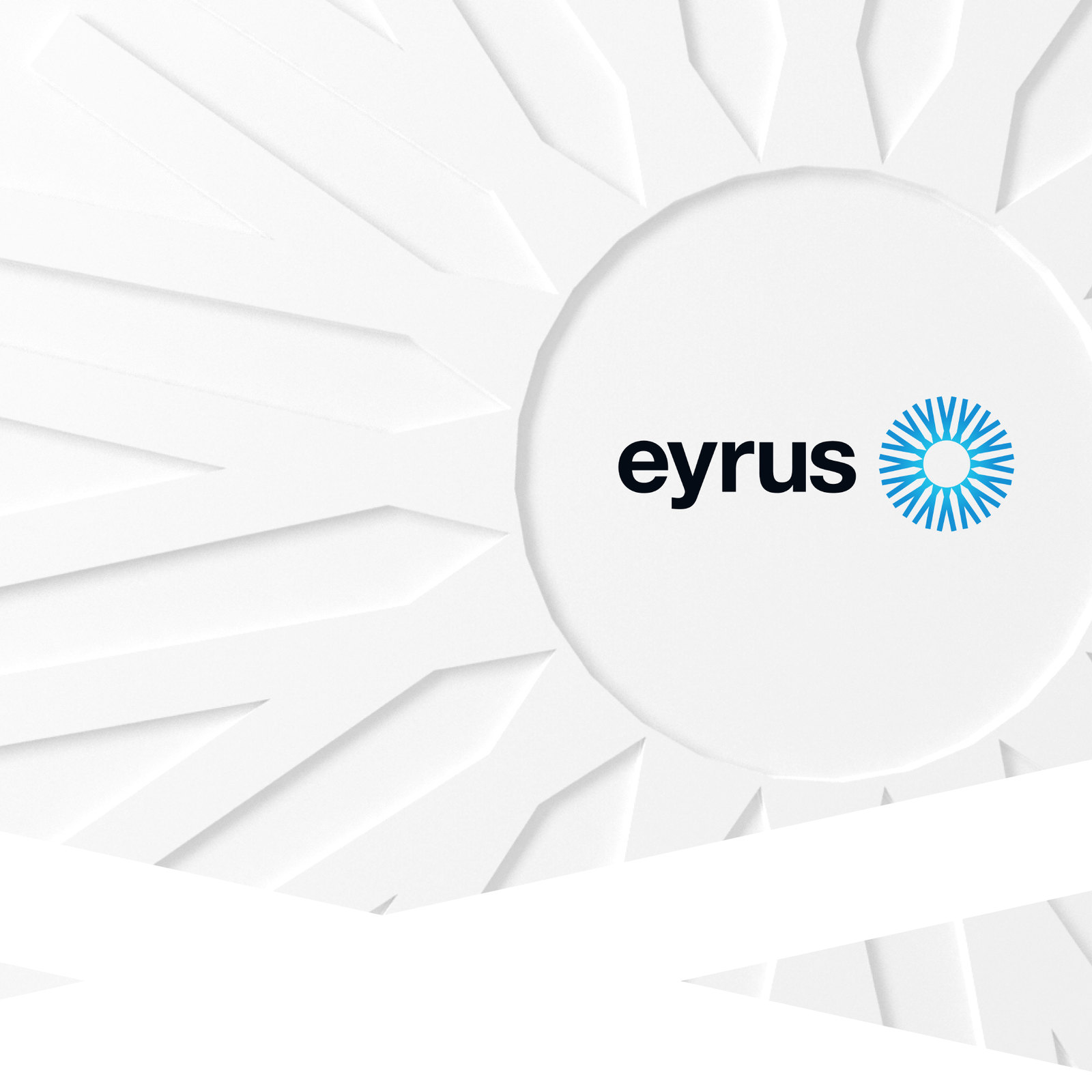 The refreshed Eyrus logo, a blue sunburst beside the eyrus wordmark, set on an embossed white sunburst pattern