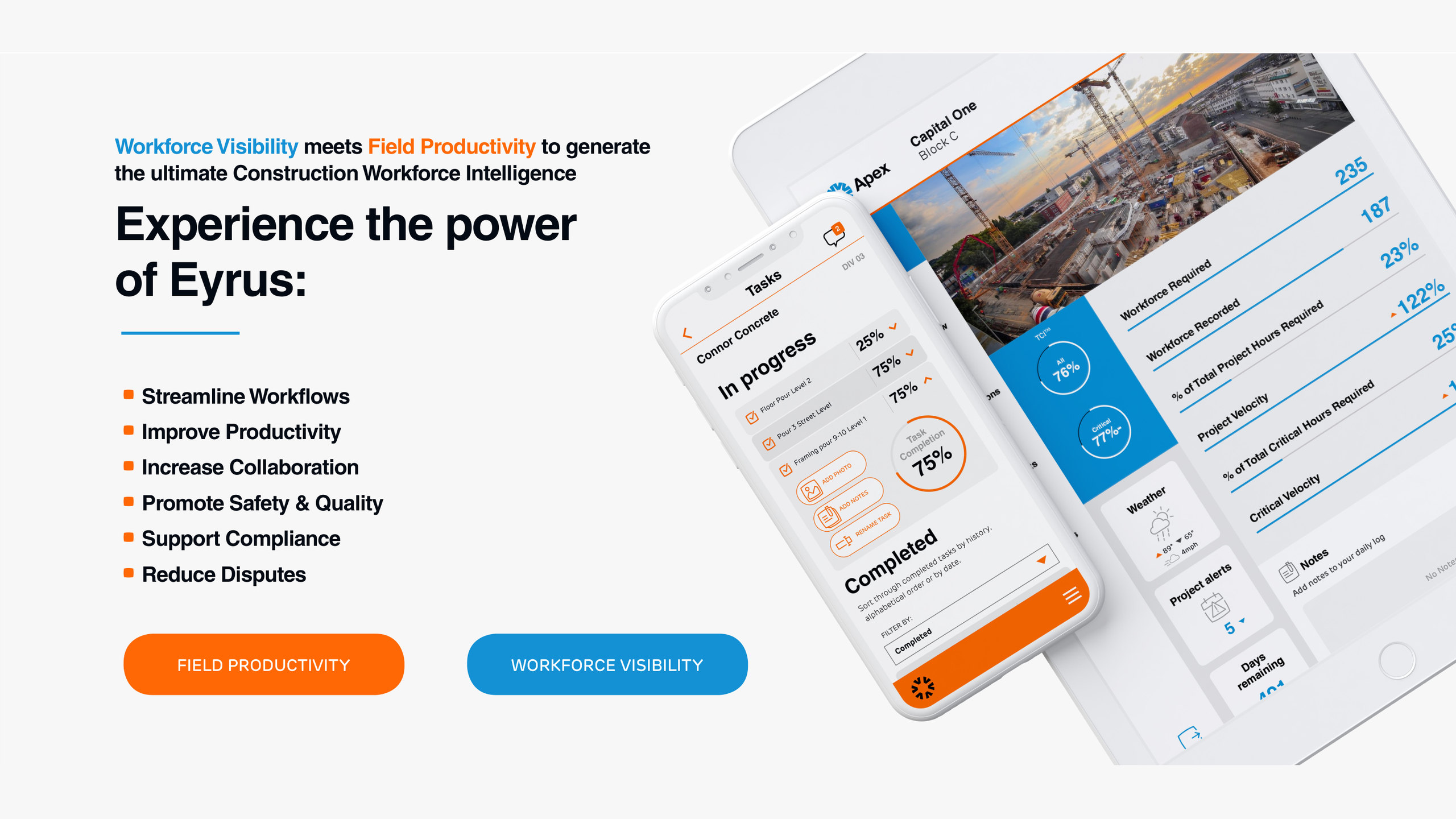 Eyrus website section titled Experience the power of Eyrus, with a list of benefits, orange Field Productivity and blue Workforce Visibility buttons, and the Axon app and Apex dashboard on a phone and tablet