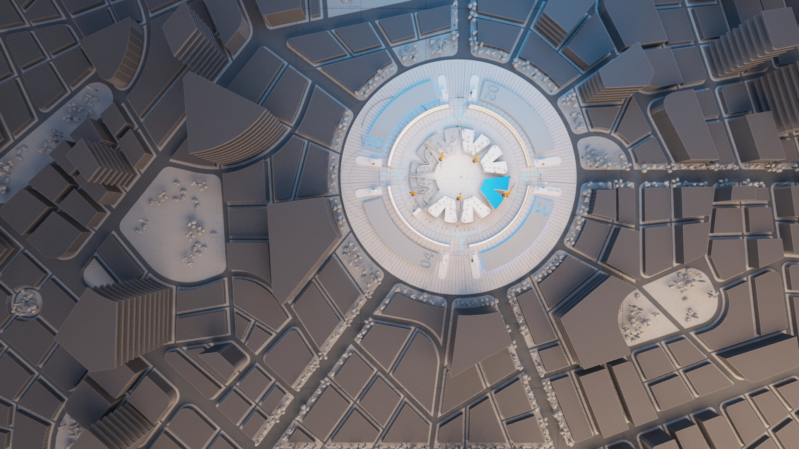 Overhead 3D render from an Eyrus explainer film: a circular construction site with cranes and a blue Eyrus marker at its centre, surrounded by grey city blocks