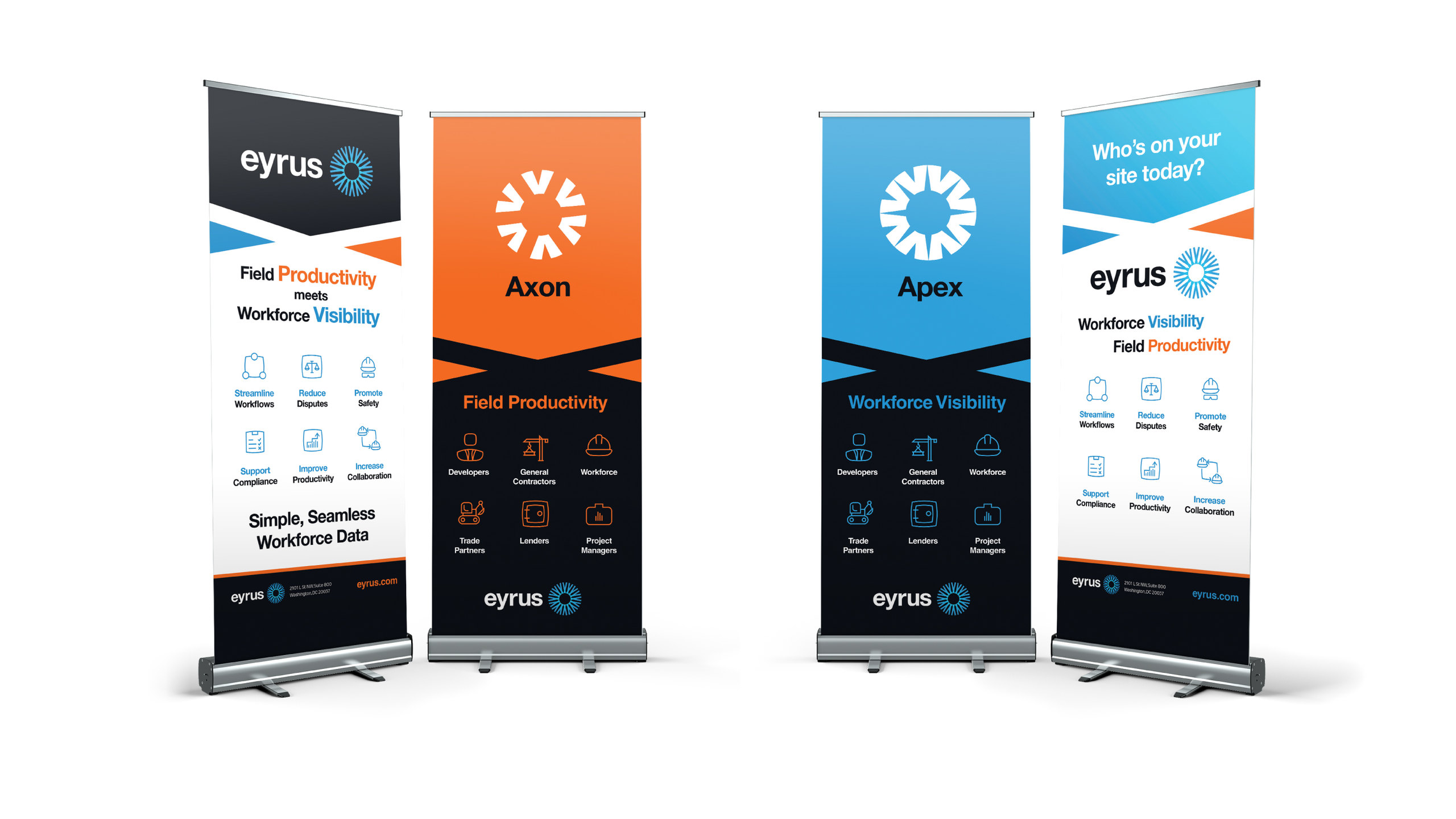 Four Eyrus pull-up banners: the Eyrus brand banner, an orange Axon Field Productivity banner, a blue Apex Workforce Visibility banner and a Who’s on your site today? banner