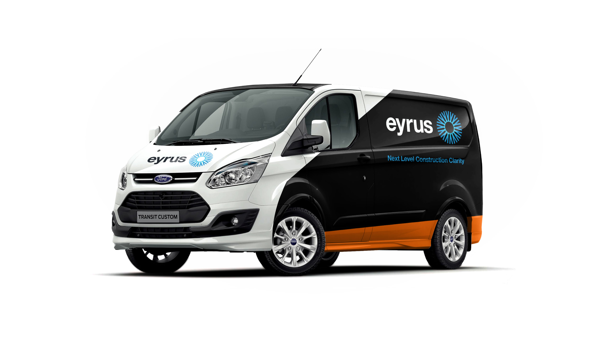 Vehicle livery design for Eyrus shown on a white van mockup, with a black and orange side panel, the Eyrus logo and the line Next Level Construction Clarity