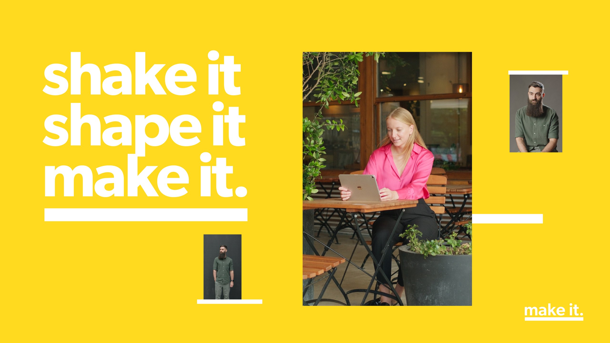 Yellow Make It film title card reading shake it shape it make it, with a woman in pink working on a tablet at a café table