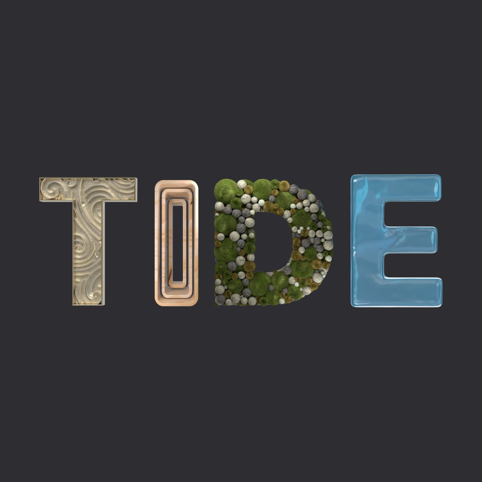 TIDE wordmark designed for PIMFA, each 3D letter rendered in a different material, from carved stone and copper to moss and glass, on dark grey