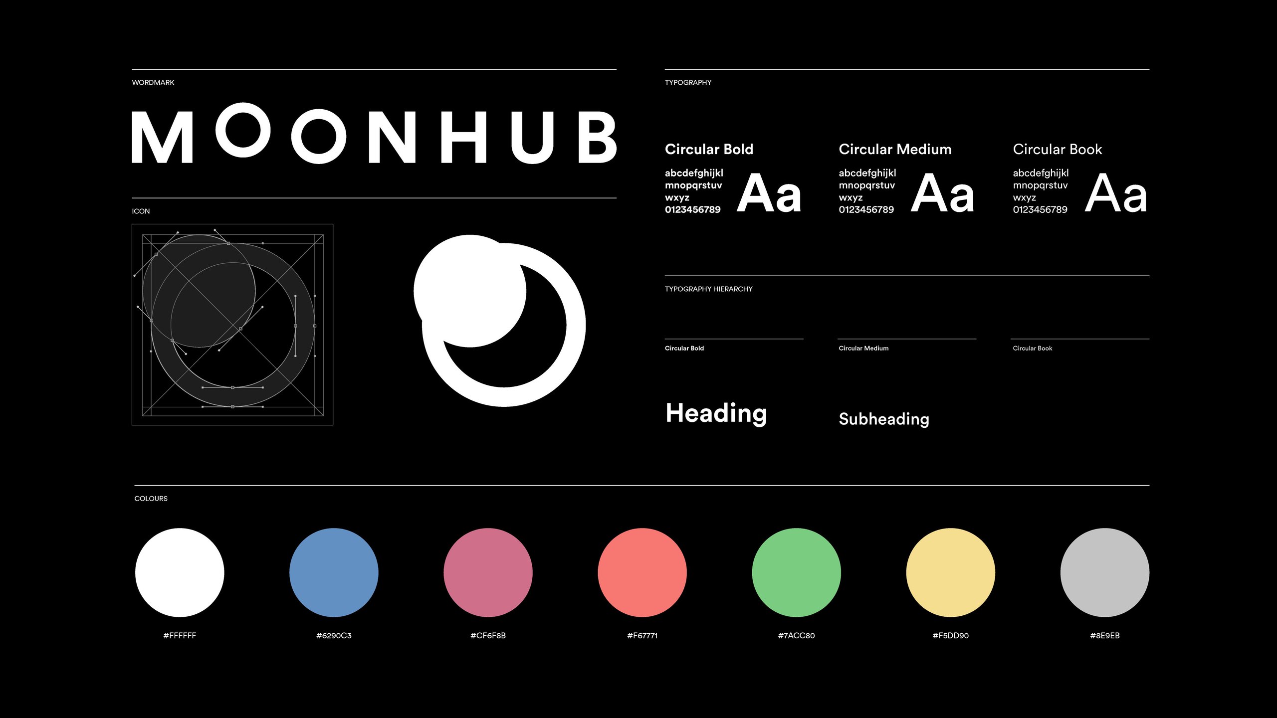 Moonhub brand stylesheet on black: the MOONHUB wordmark with its raised o, the crescent icon and its construction grid, Circular typefaces and seven brand colours