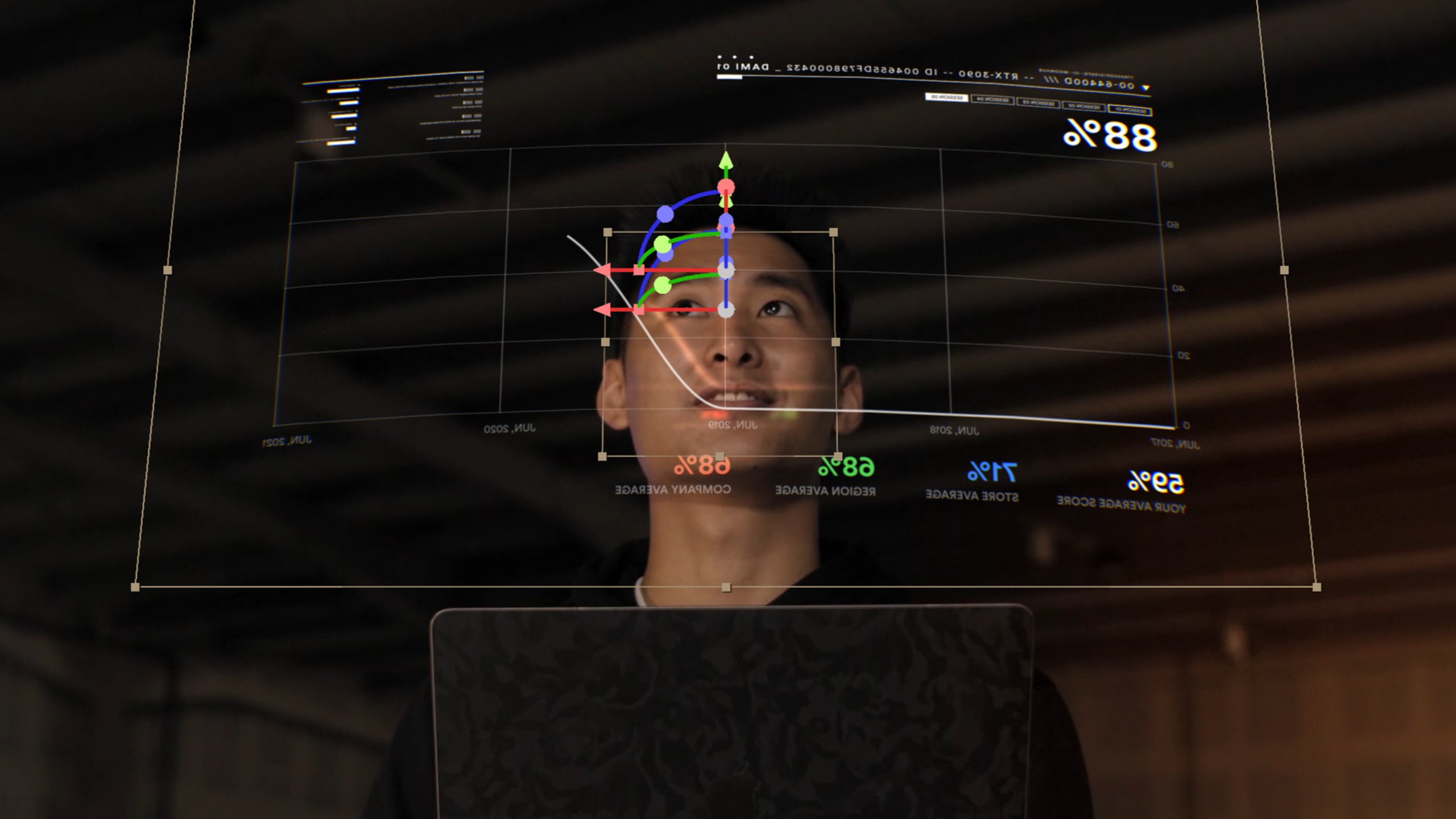 Still from Moonhub’s brand film: a man looks up at a holographic chart of training scores, with an 88% result and company, region and store averages