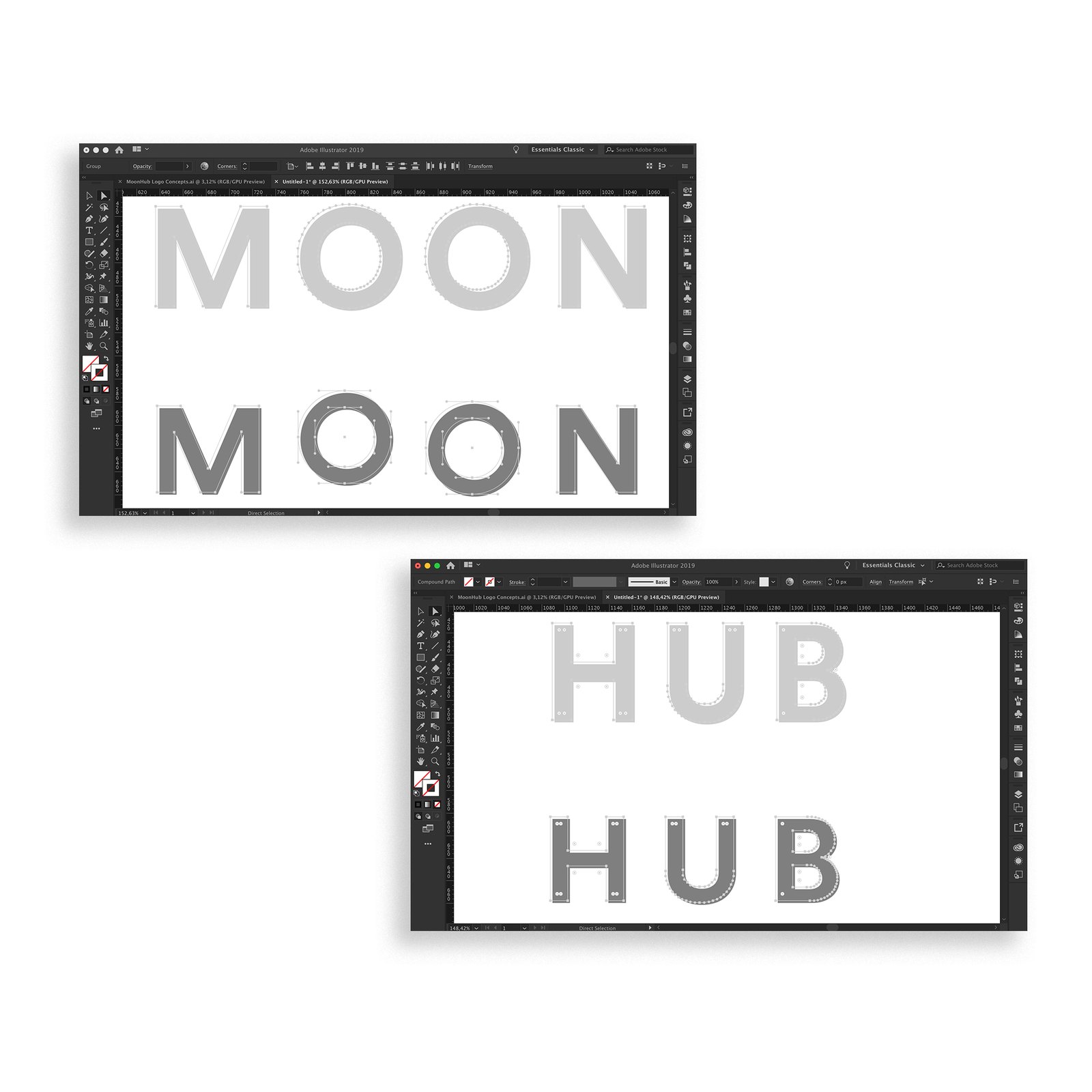 The MOONHUB wordmark in development in Illustrator, with one o in MOON raised above the line