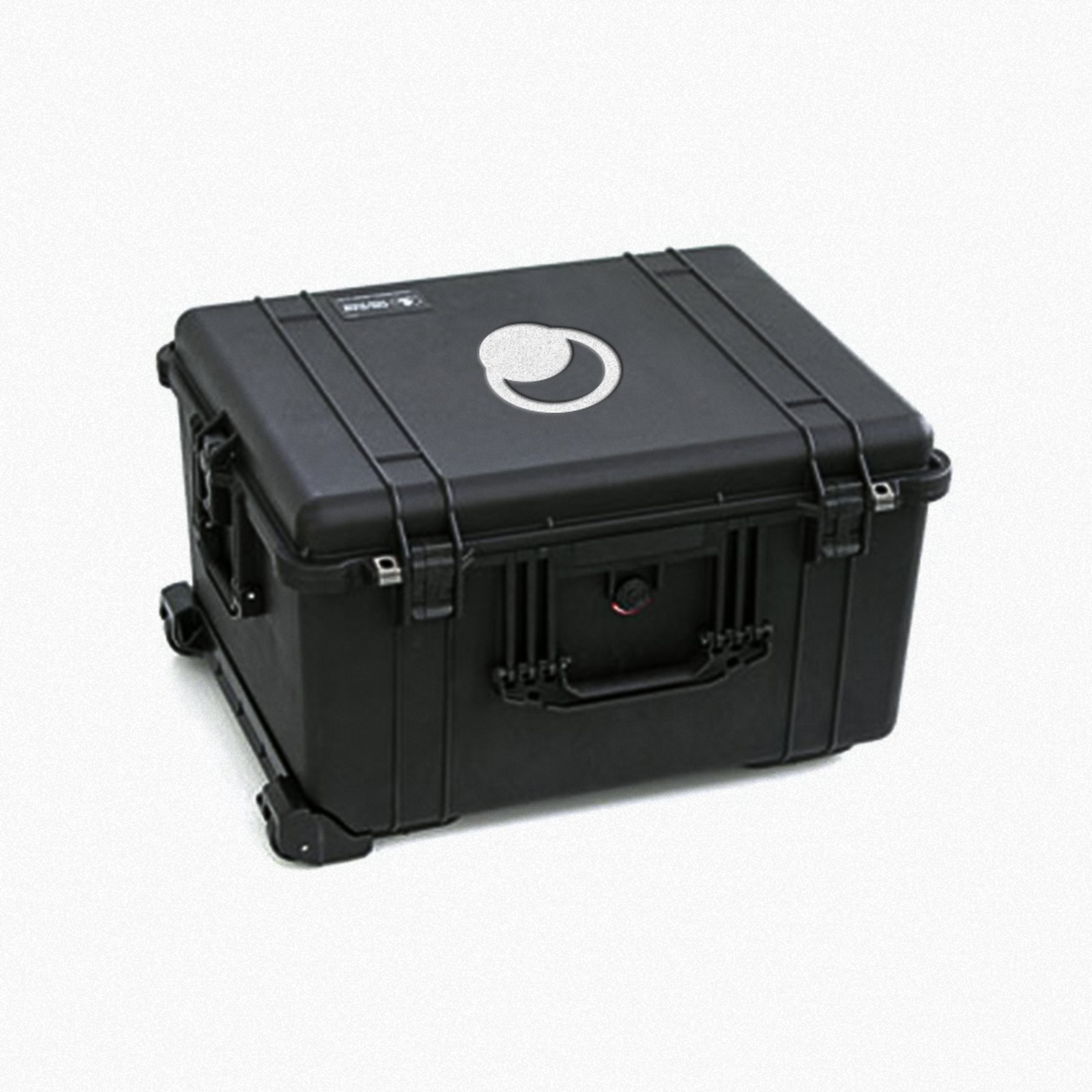 A black Peli hard case with the white Moonhub crescent icon on its lid