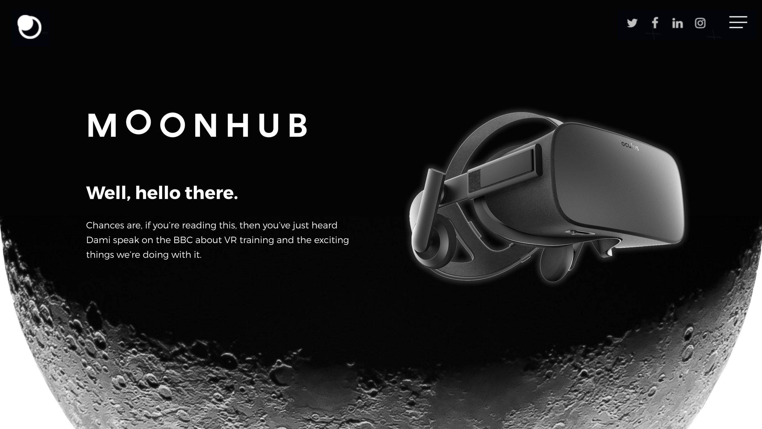 Moonhub holding page with the MOONHUB wordmark, the headline Well, hello there and a VR headset floating above the curve of the moon