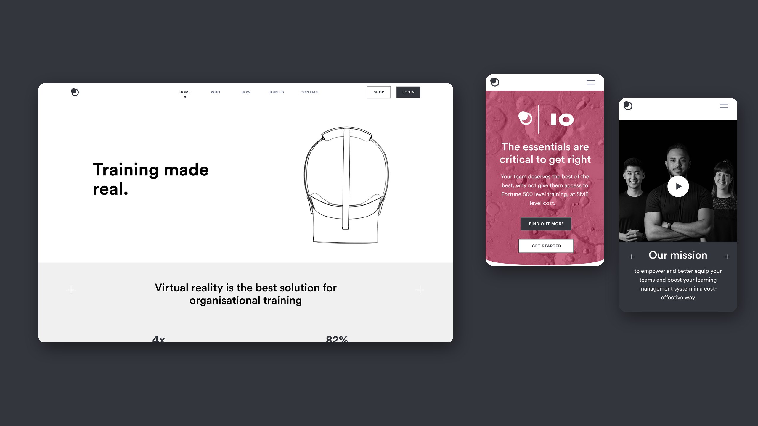 Moonhub’s 2022 website: the desktop home page with the headline Training made real beside a line drawing of a VR headset, and mobile pages for IO and the team’s mission