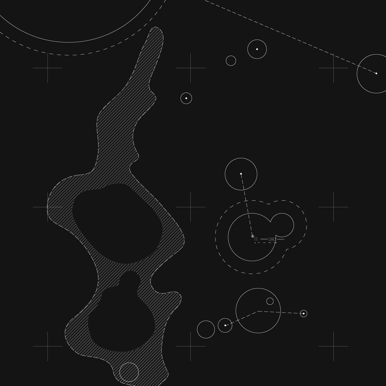 Moonhub graphic of a lunar crater outline in fine hatched lines, with orbit paths and markers on black