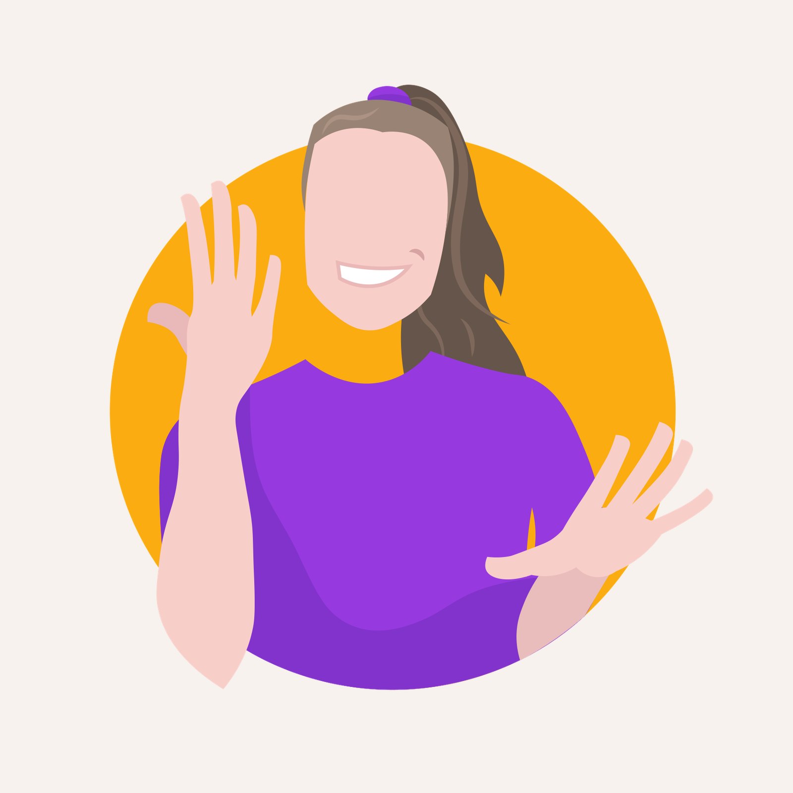 Illustrated Love Language avatar of a smiling person in a purple top signing with both hands, set in a yellow circle