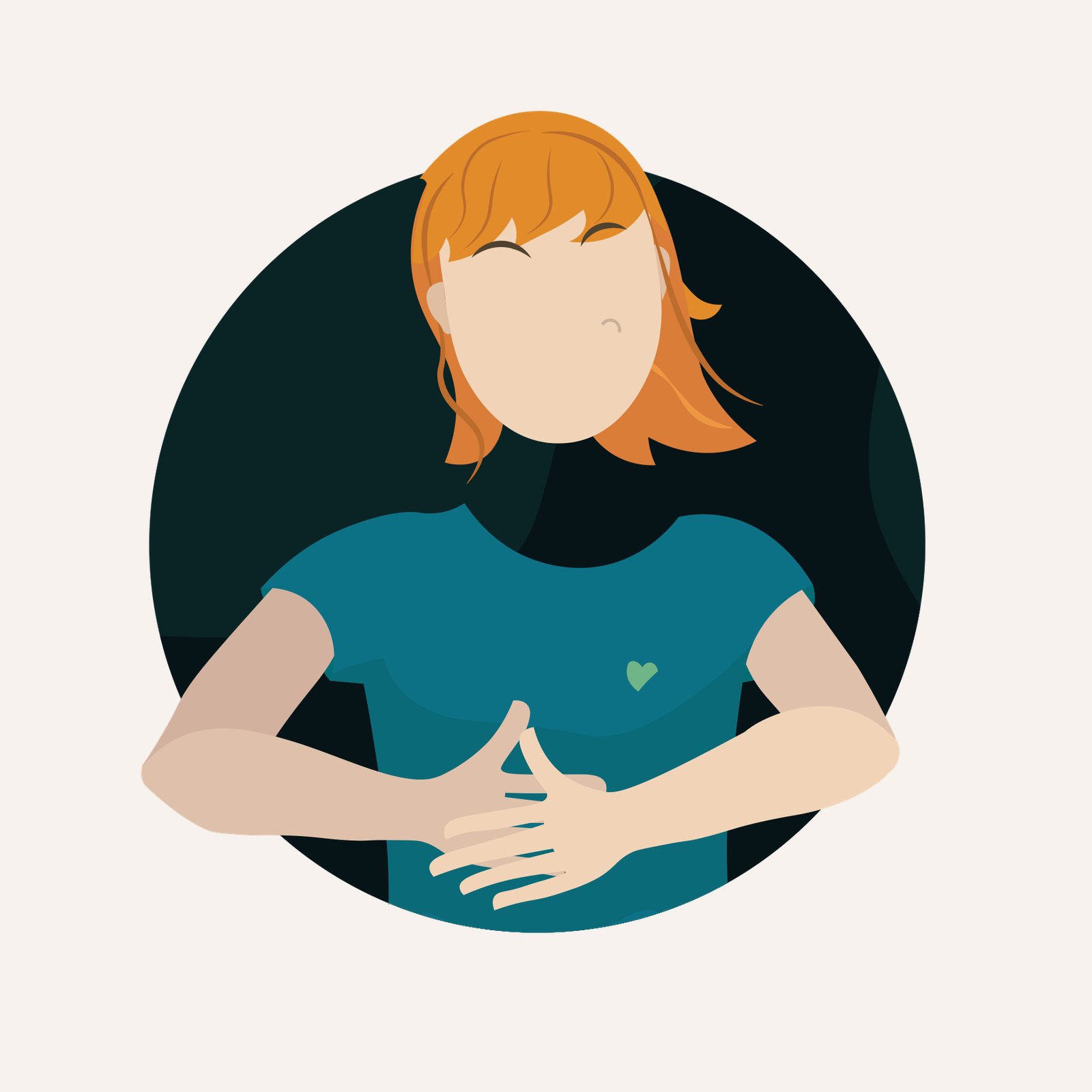Illustrated Love Language avatar of a person with red hair in a teal top with fingertips touching, set in a dark circle