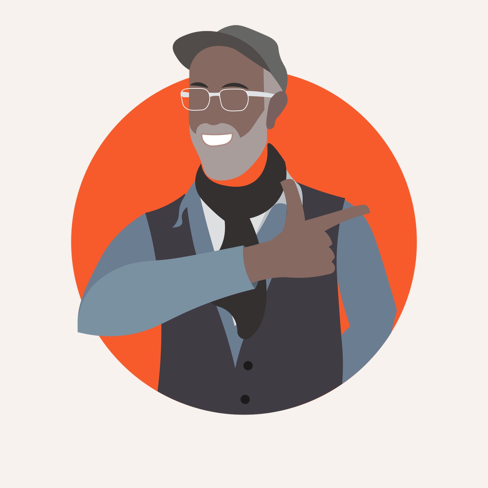 Illustrated Love Language avatar of an older man in a cap, glasses and waistcoat pointing to one side, set in an orange circle