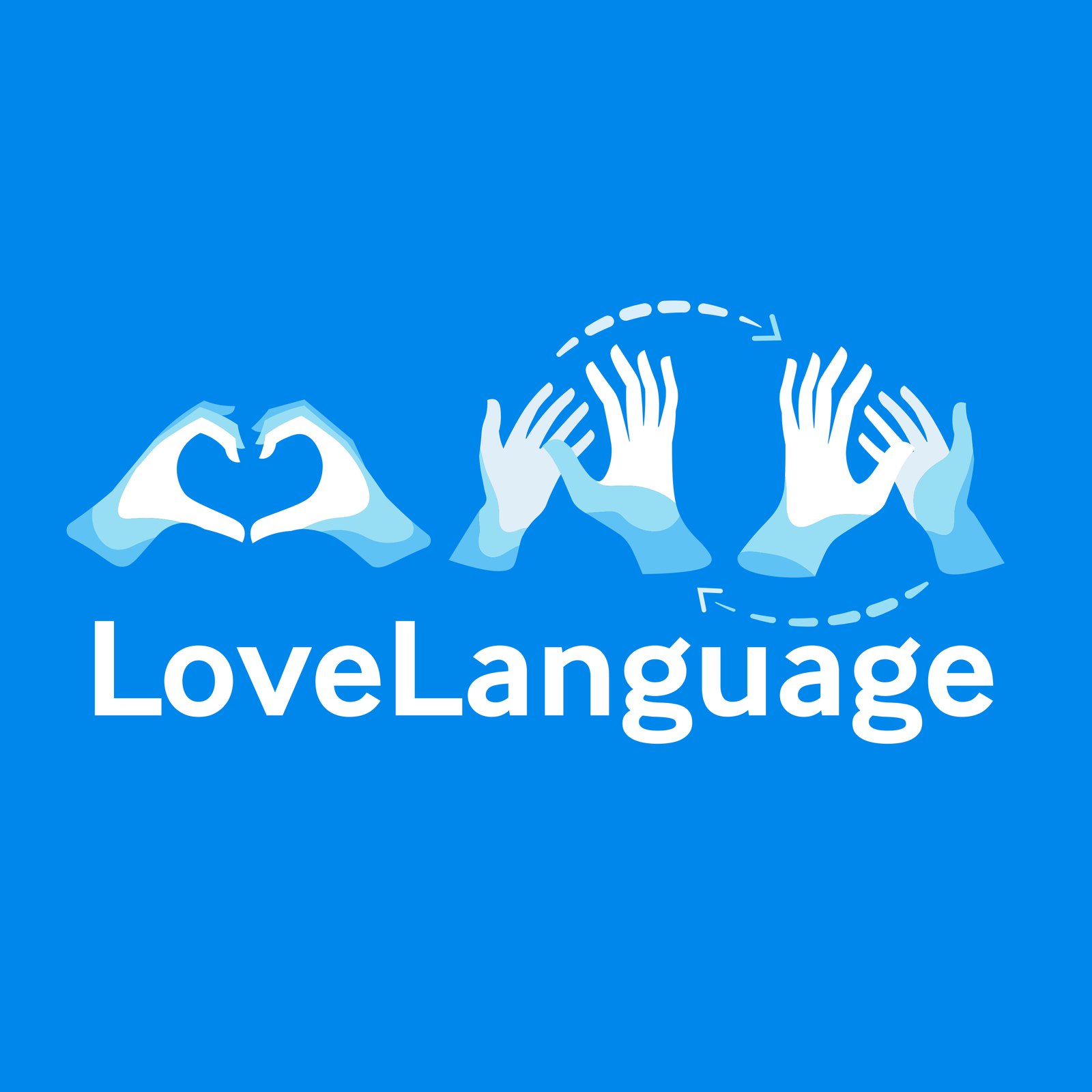 Love Language logo in white on blue, with illustrated signing hands above the wordmark