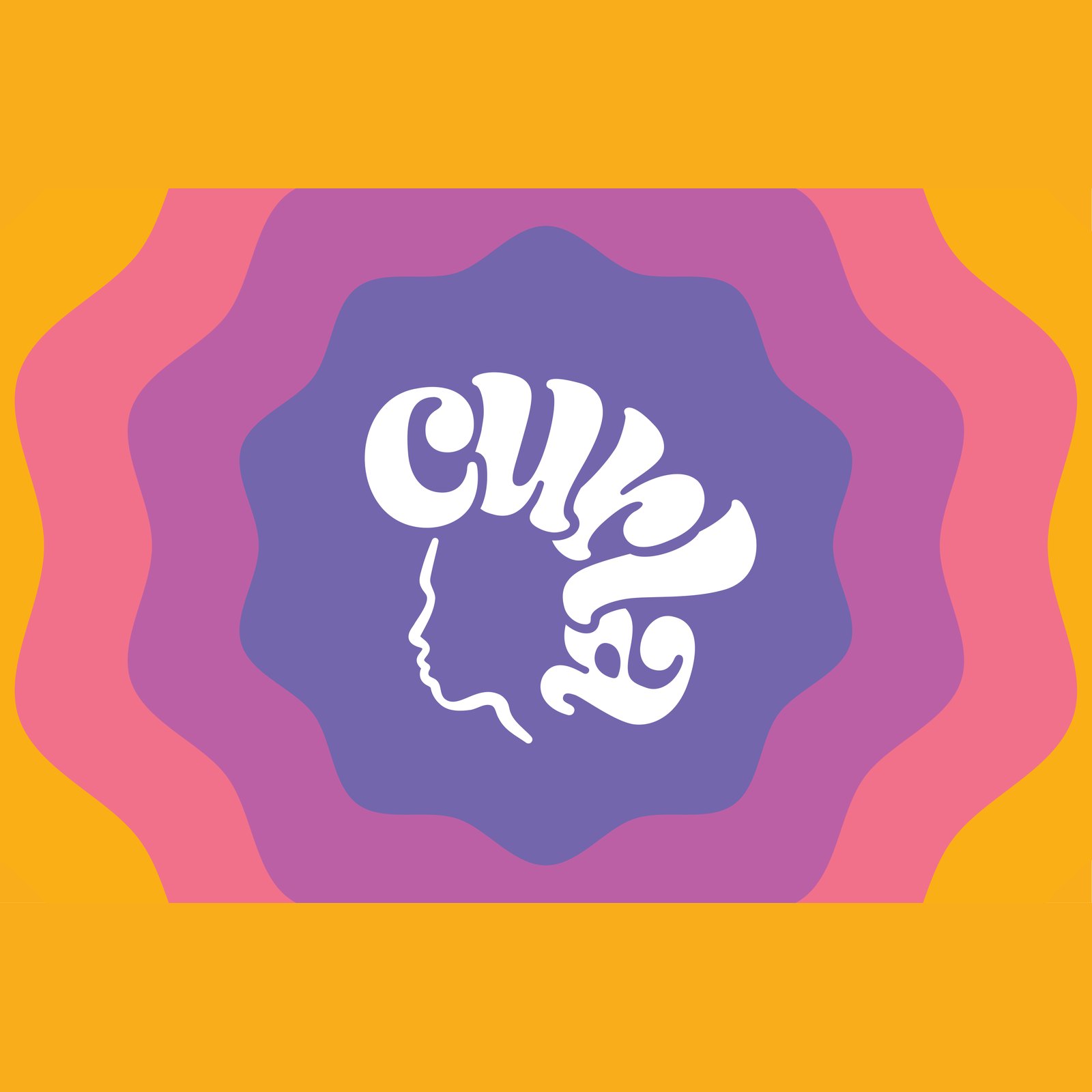 The front of a Curla business card: the white curla logo on a violet badge framed by pink, purple and yellow wave rings