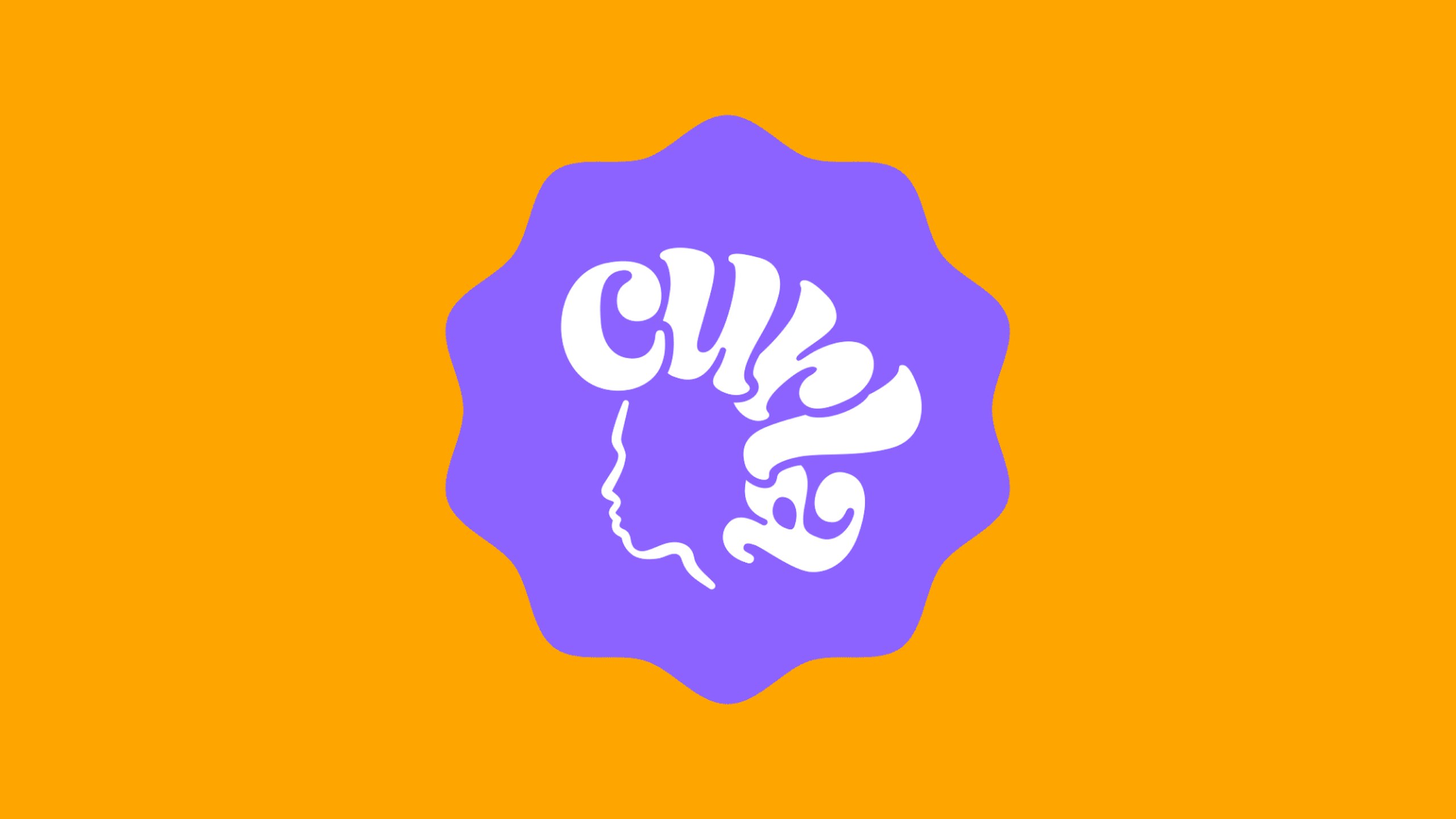 The Curla logo in white on a wavy violet badge against orange: the lowercase word curla in bold retro lettering curling over the profile of a woman’s face