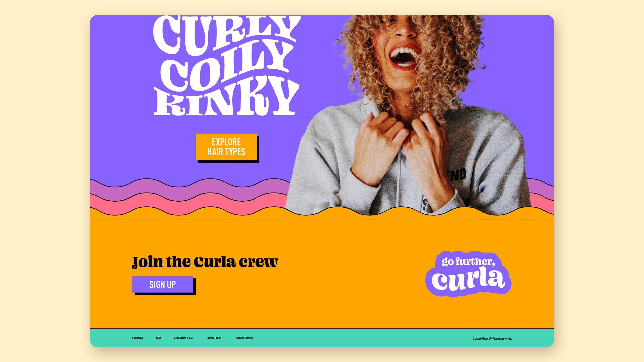 A Curla homepage design on a cream board: the words Curly, Coily, Kinky and an Explore hair types button on violet beside a laughing woman with curly hair, over yellow, pink and purple waves, then a Join the Curla crew sign-up and a go further, curla badge