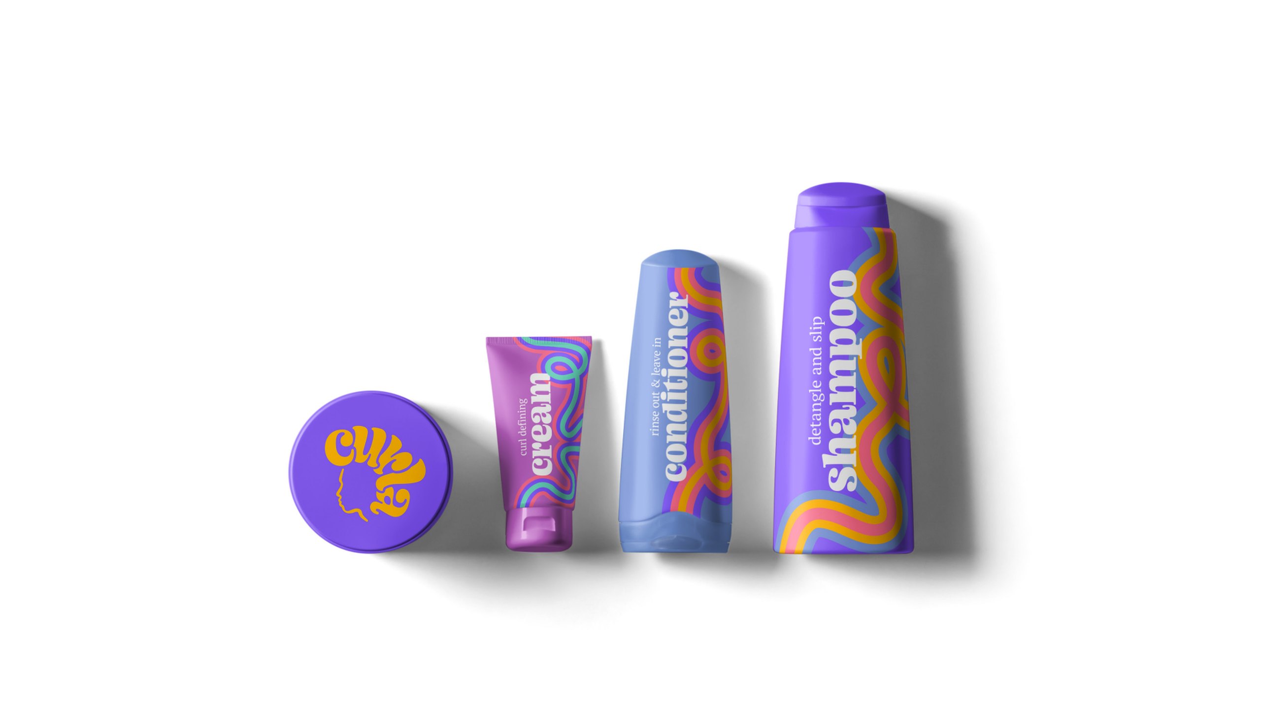 Curla haircare packaging concepts on white: a violet jar lid with the yellow curla logo, a curl defining cream tube, a rinse out and leave in conditioner and a detangle and slip shampoo, each wrapped in rainbow swirls