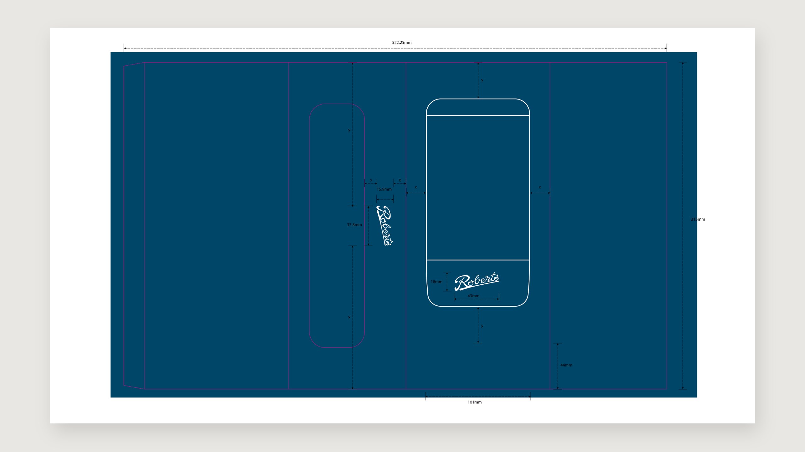 Flat sleeve artwork for the teal blue Roberts Beacon box, with the speaker line drawing, Roberts script and a side window, marked up with dimensions
