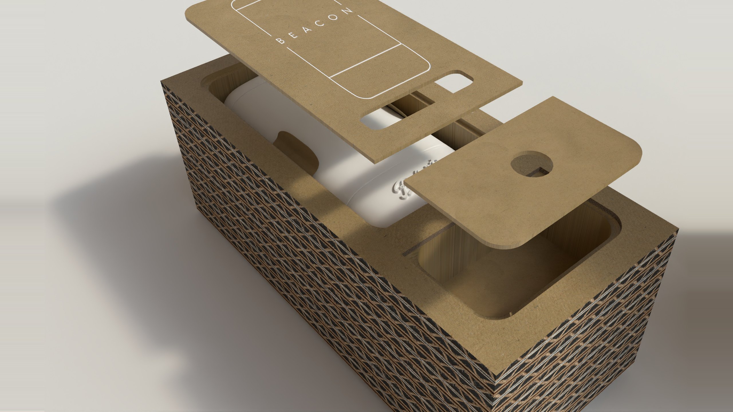 The Beacon pack opened up in a render: a white speaker lying in a tray of layered corrugated card, with two kraft lids lifted above it, one marked BEACON with a line drawing of the speaker