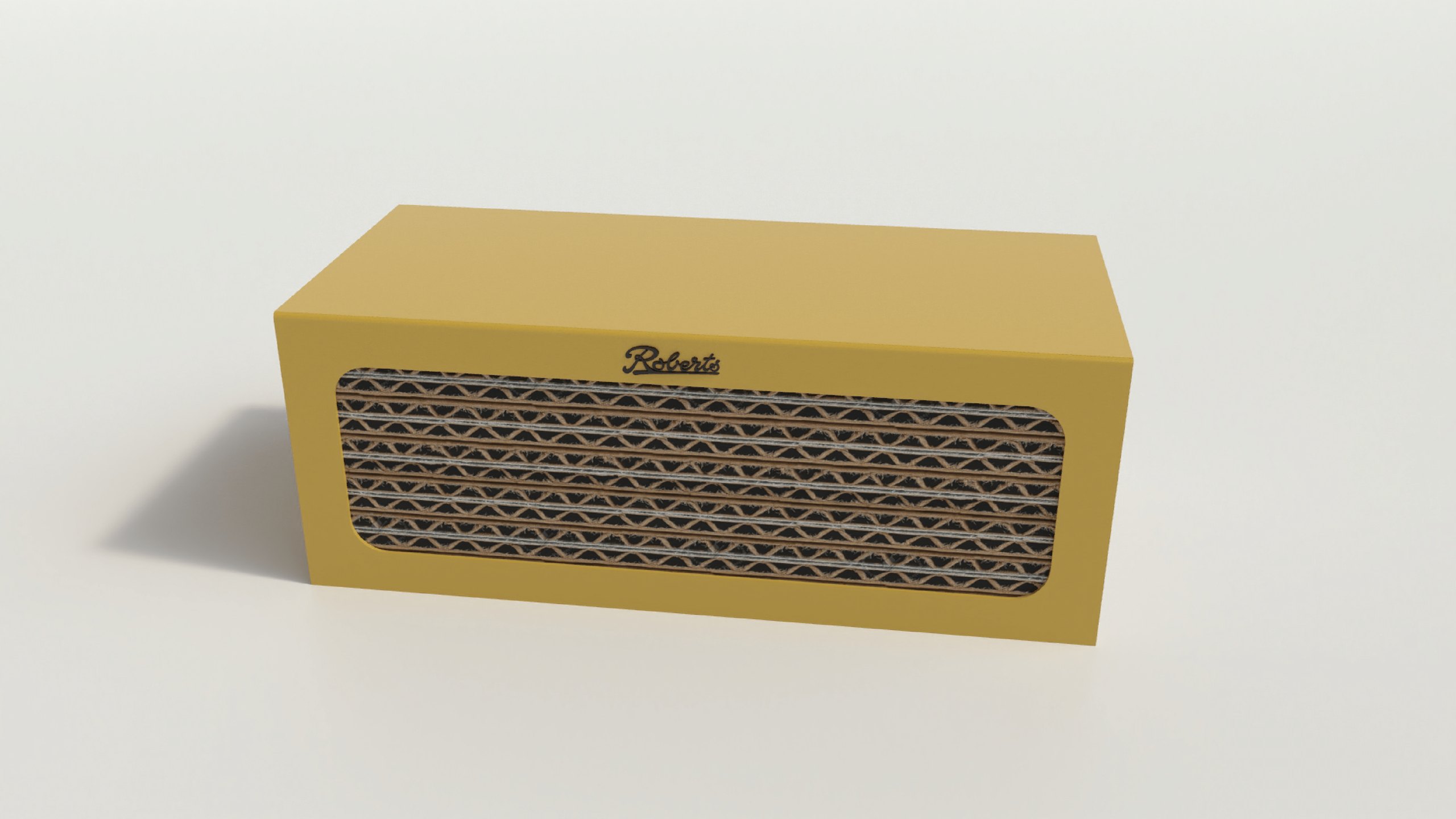 A Roberts speaker box concept render: a mustard yellow box with the Roberts script above a wide rounded window showing layers of corrugated card, like a radio grille