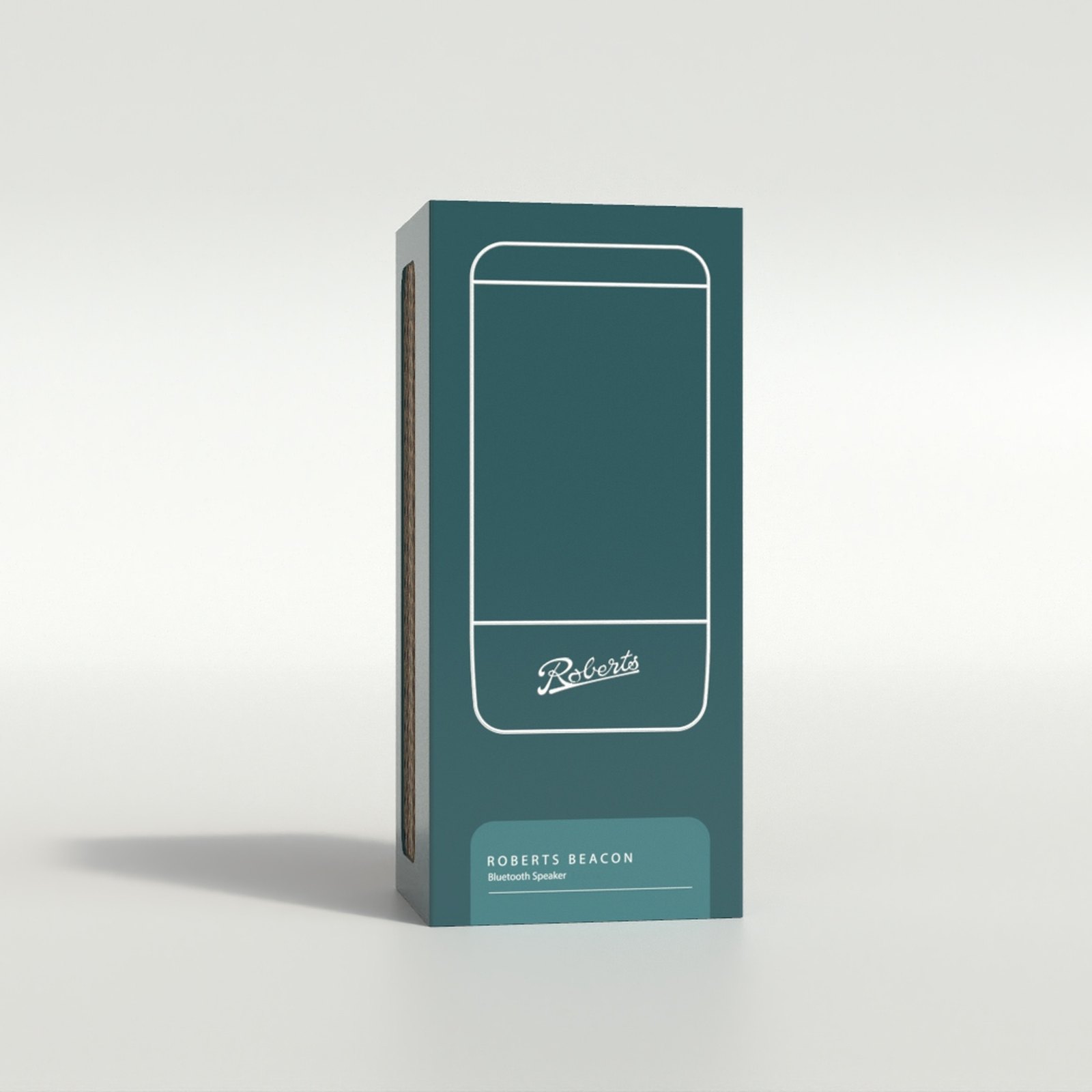 Render of a teal Roberts Beacon box with a white line drawing of the speaker, the Roberts script and a Roberts Beacon Bluetooth Speaker label