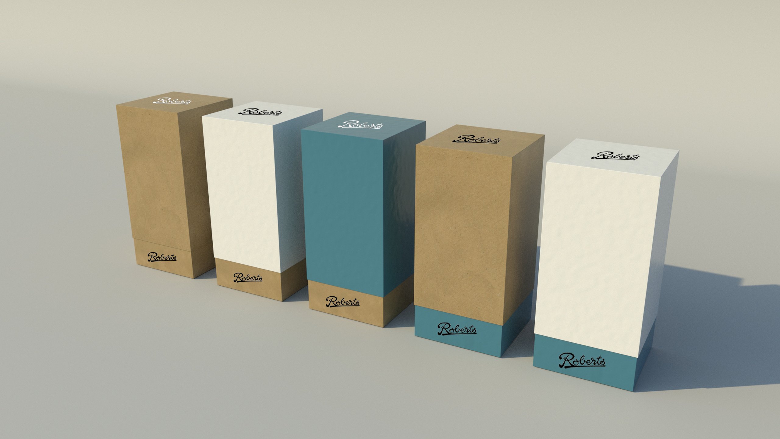 Five early Roberts packaging colour concepts standing in a row, mixing kraft brown, off-white and teal blue stocks, each marked with the Roberts script