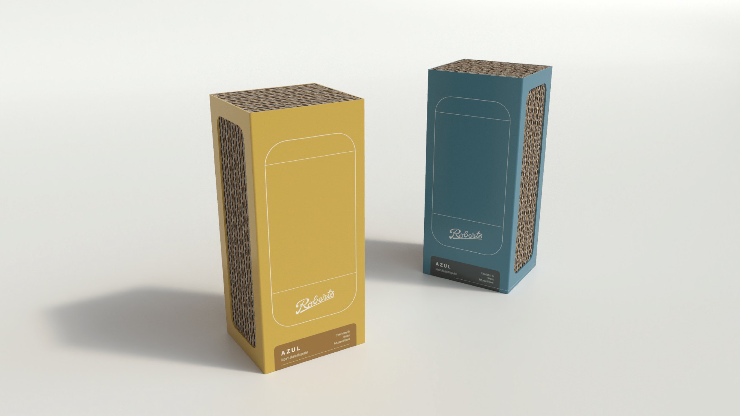 Two eco pack renders for the speaker, then called Azul: a mustard yellow and a teal blue sleeve with white line drawings of the speaker, with corrugated card showing at the sides and top