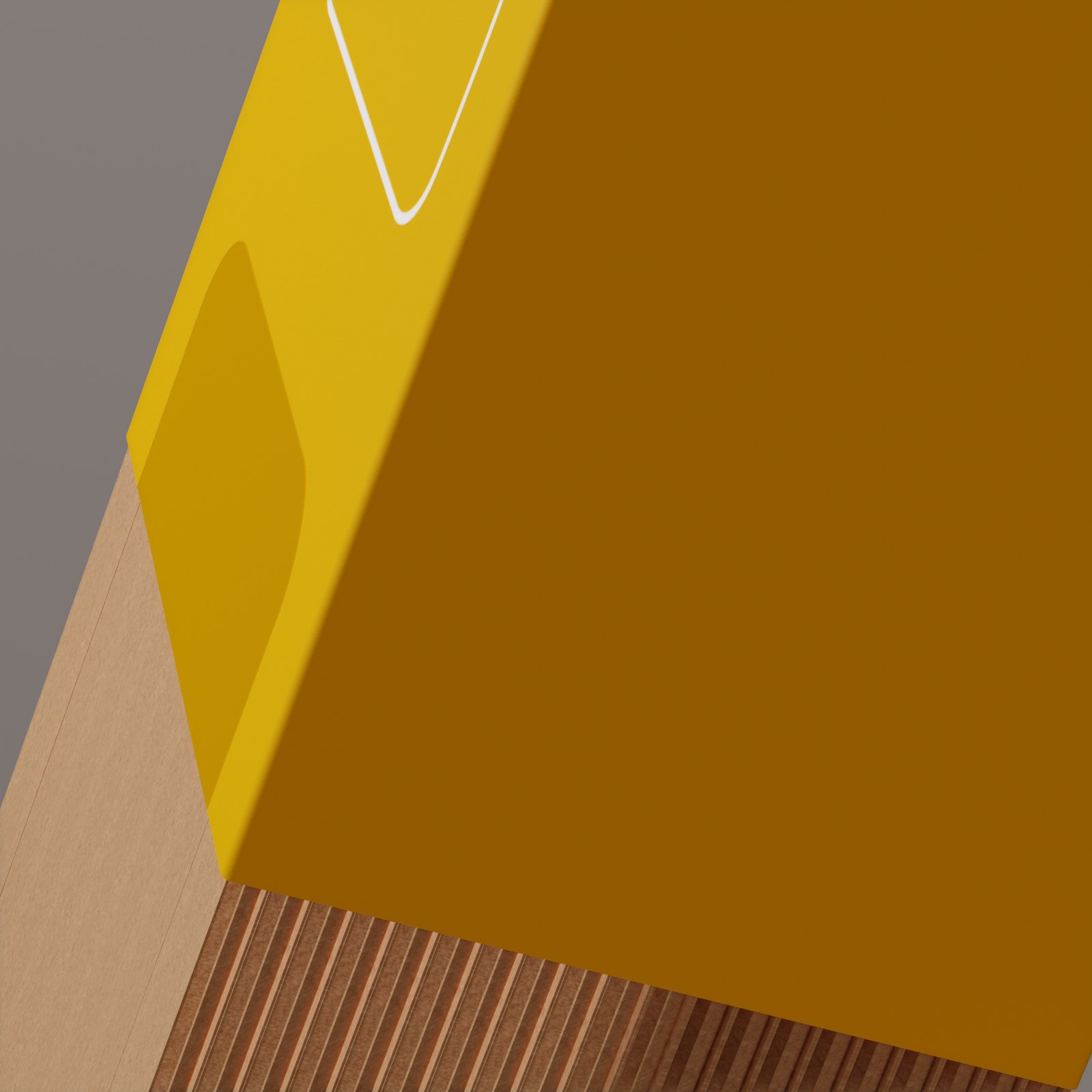 Close-up render of the corner of a yellow Beacon sleeve sliding over its corrugated card base