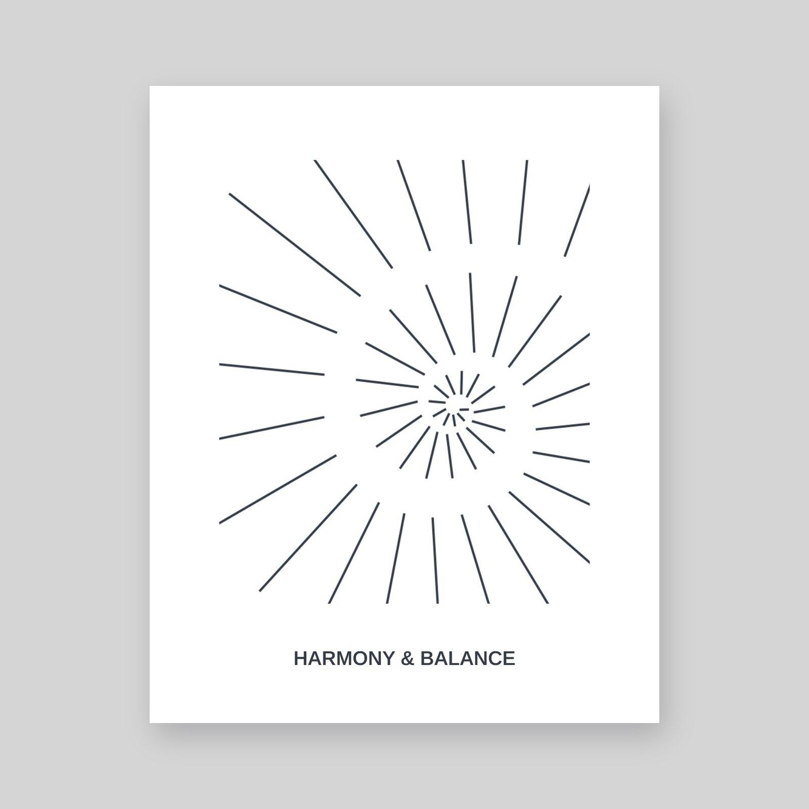 An Omula poster of fine dark lines spiralling outwards from a central point, captioned Harmony and balance, shown on a stone grey background