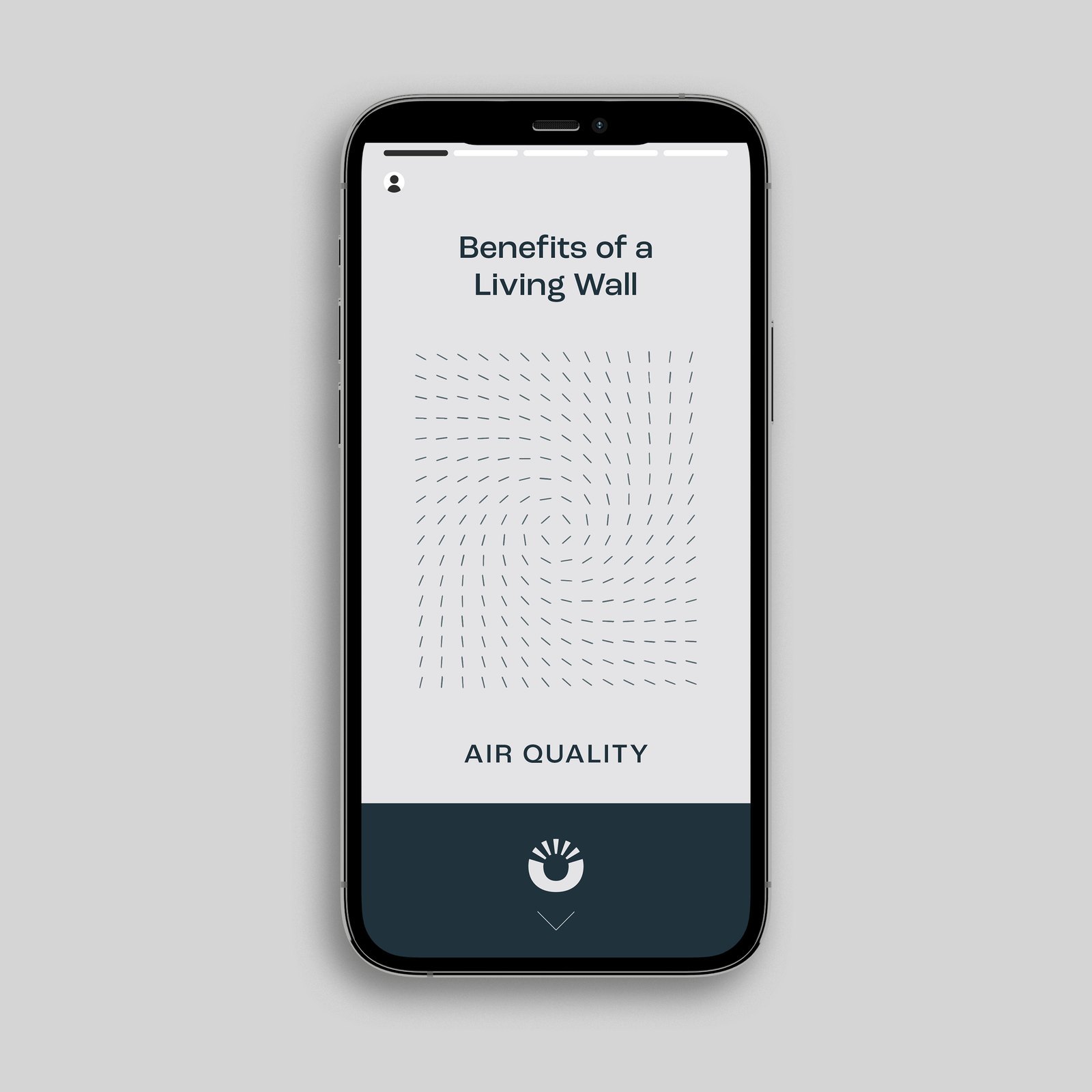 A phone showing an Omula story titled Benefits of a Living Wall, with a field of flowing lines captioned Air quality and the Omula symbol at the bottom