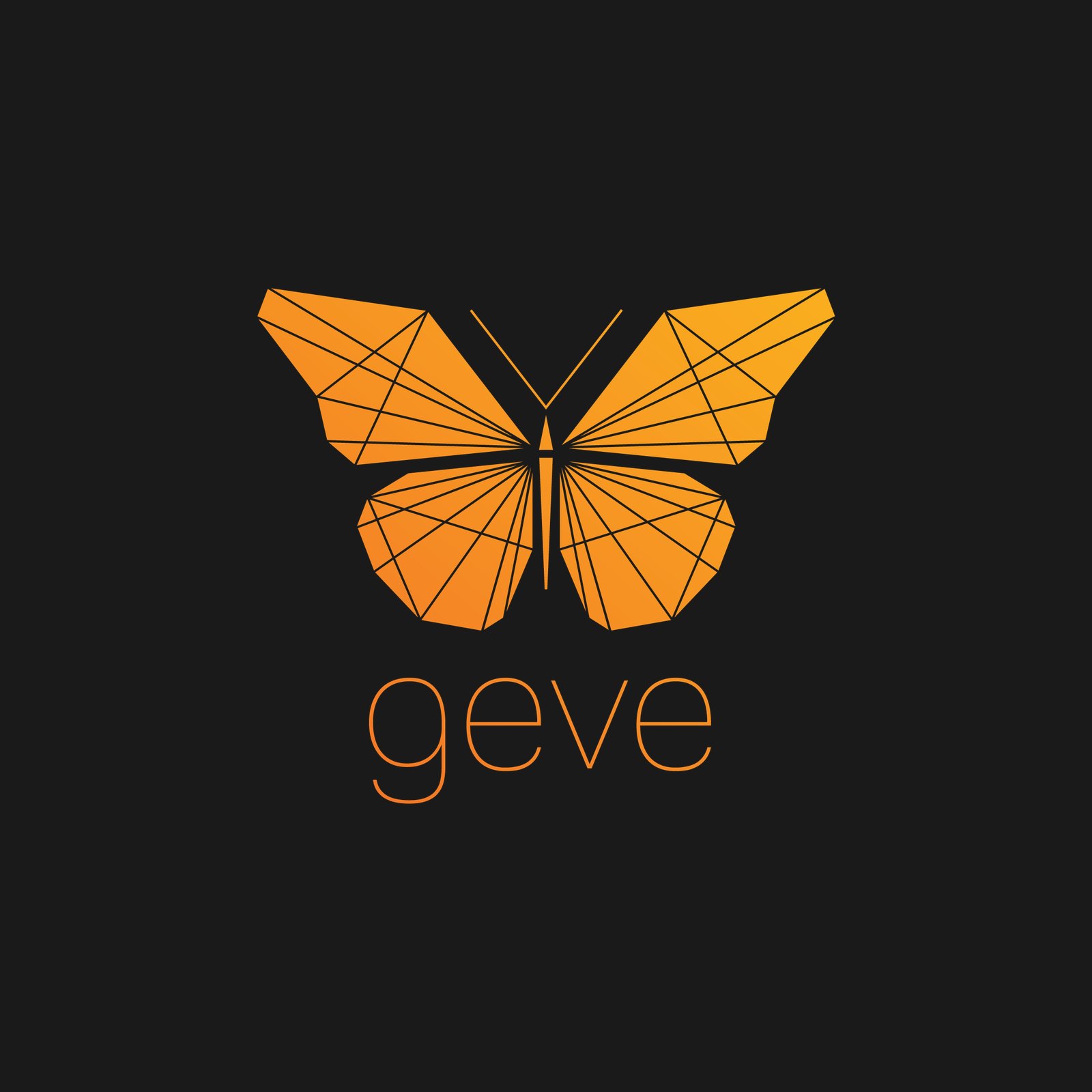 The Geve logo on near-black: an orange gradient wireframe butterfly above the lowercase word geve in thin orange type