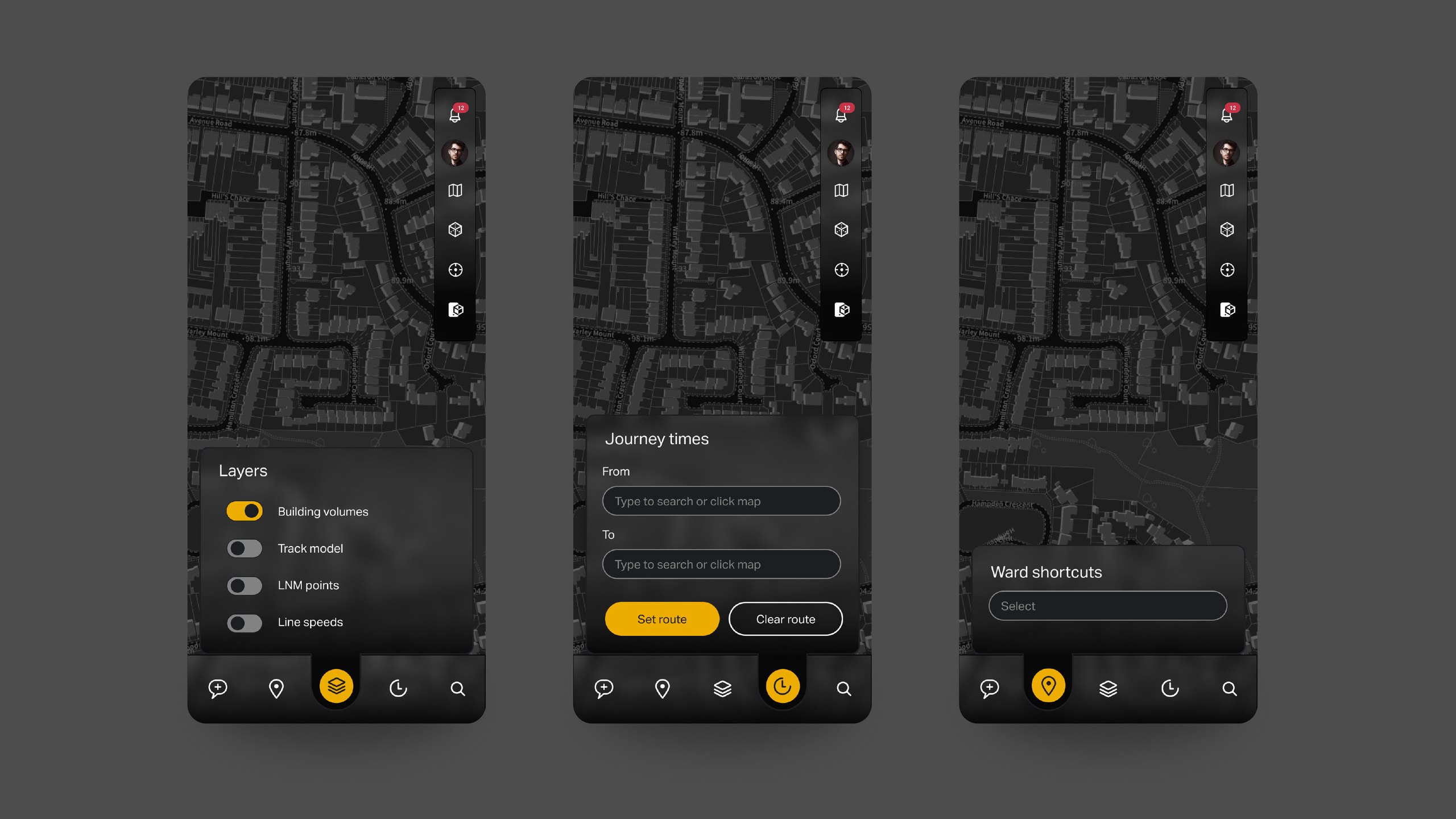 Three Spatial Messenger phone screens in dark mode over a street map: Layers toggles, a Journey times route planner and a Ward shortcuts selector, each with its tab highlighted in yellow in the bottom bar