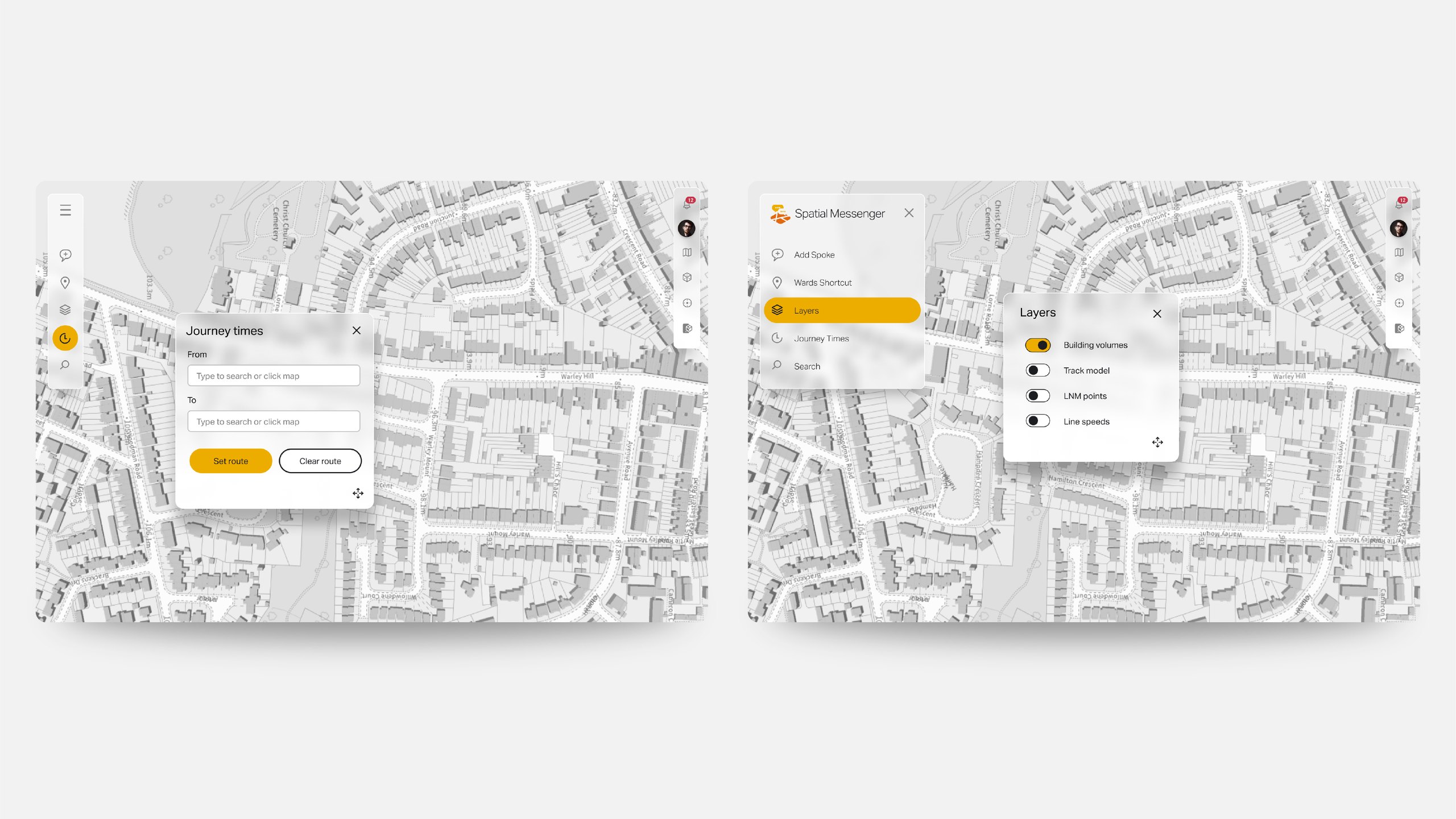 Two Spatial Messenger tablet screens in light mode over a grey street map: a Journey times panel with From and To fields and Set route and Clear route buttons, and the app menu open on Layers beside toggles for building volumes, track model, LNM points and line speeds