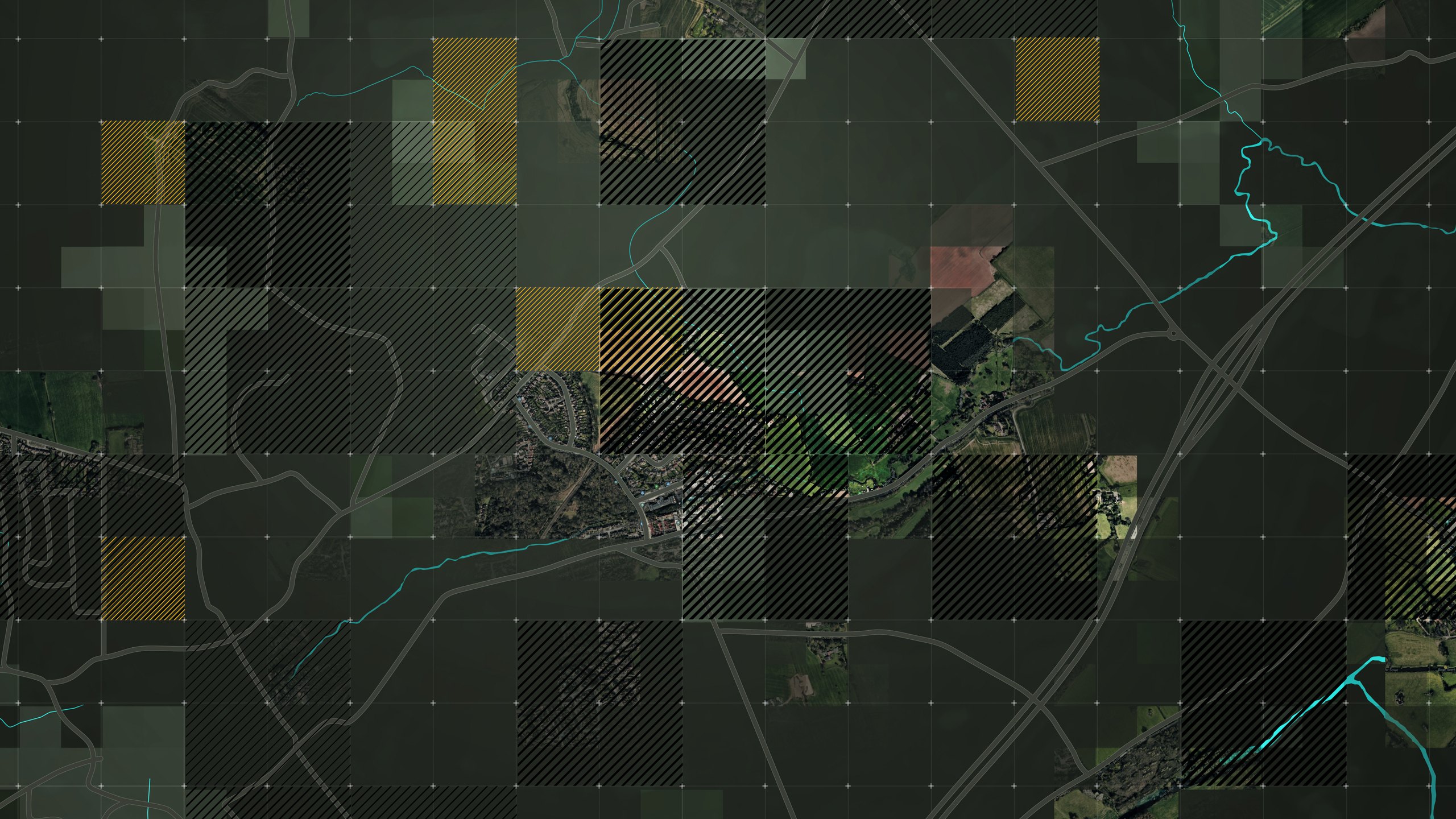 Geve social cover artwork: a dark satellite map of fields, roads and rivers under a fine grid of hatched squares, some picked out in yellow