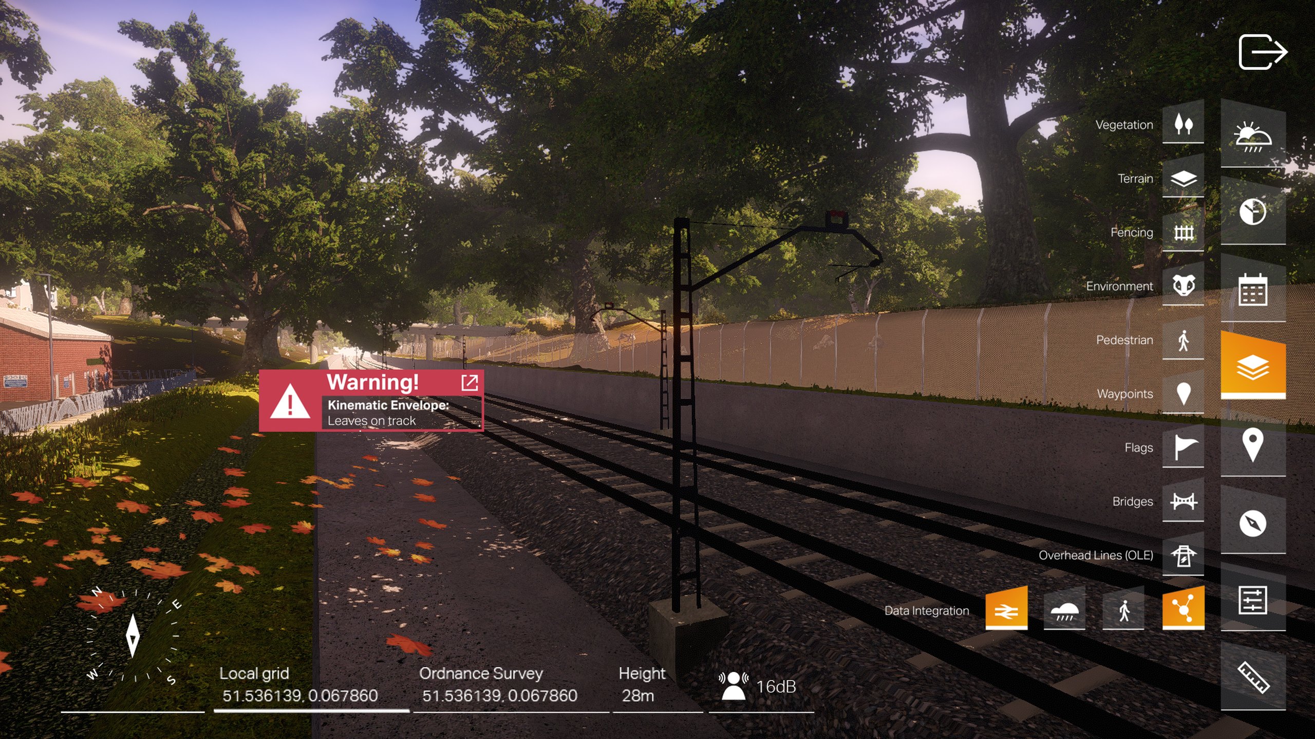 A frame from the Geve film showing our interface over Geve’s 3D model of a rail line: a red warning panel flags leaves on the track, while orange and grey layer icons for vegetation, terrain, fencing, bridges and overhead lines run down the right