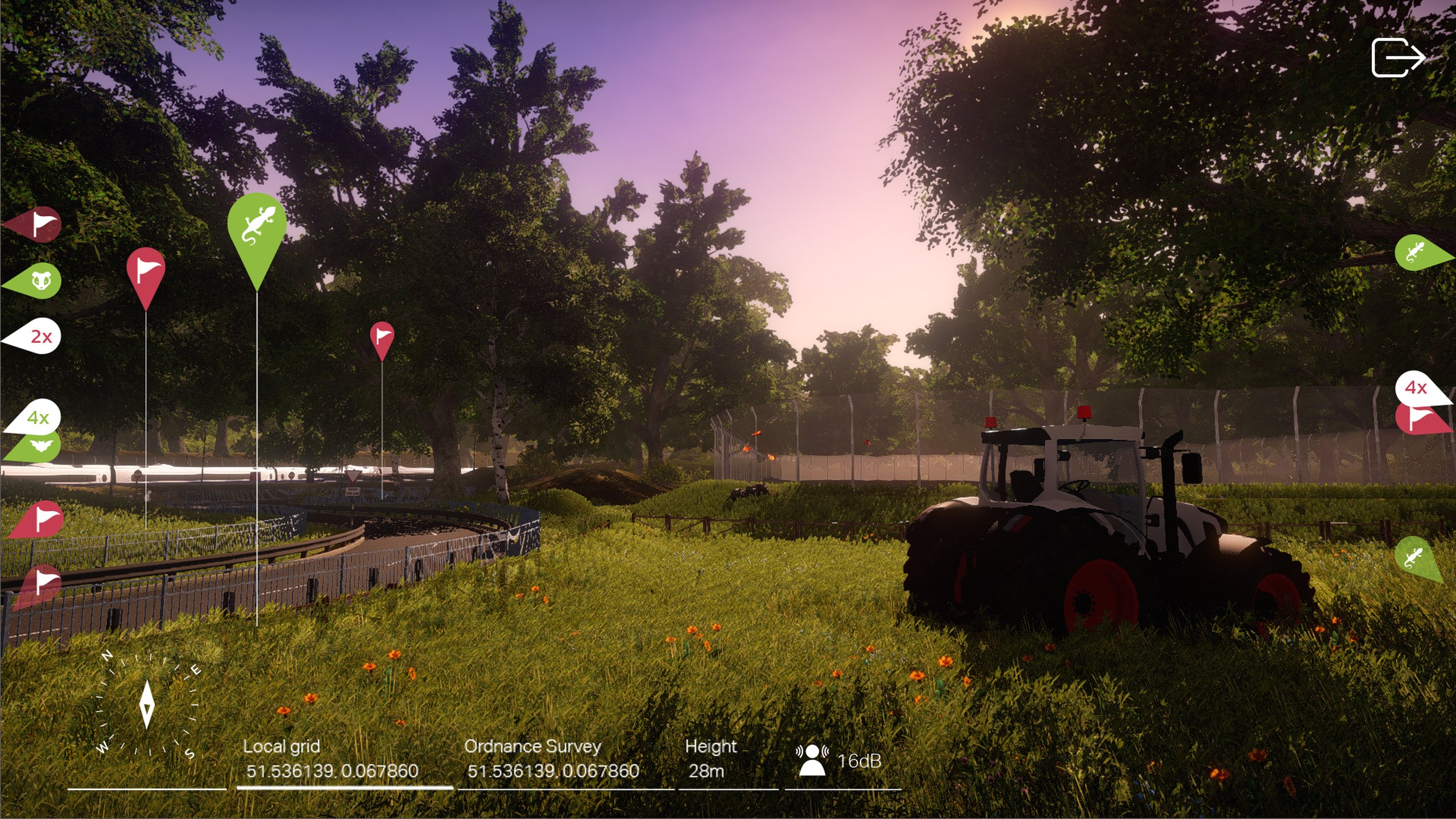 A frame from the Geve film: red and green location pins and flags hover over a grassy field beside a railway in Geve’s 3D environment, with a tractor on the right and compass and grid readouts along the bottom