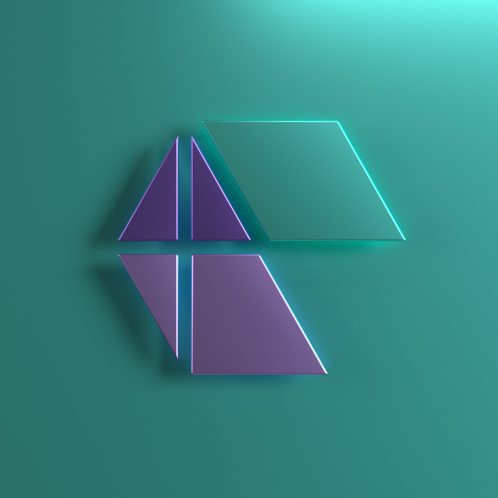 The Ampliphae logo mark rendered in 3D on a turquoise background, with purple panels and glowing edges