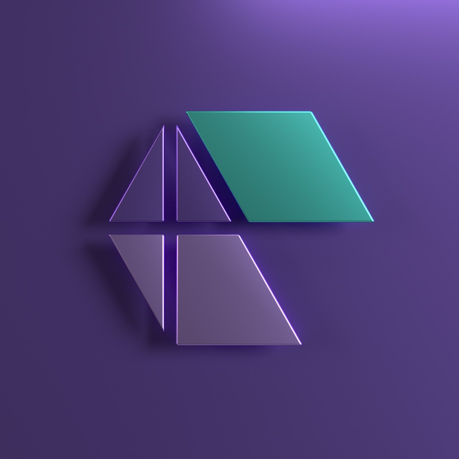 The Ampliphae logo mark rendered in 3D as glass-edged purple and turquoise panels on a purple background